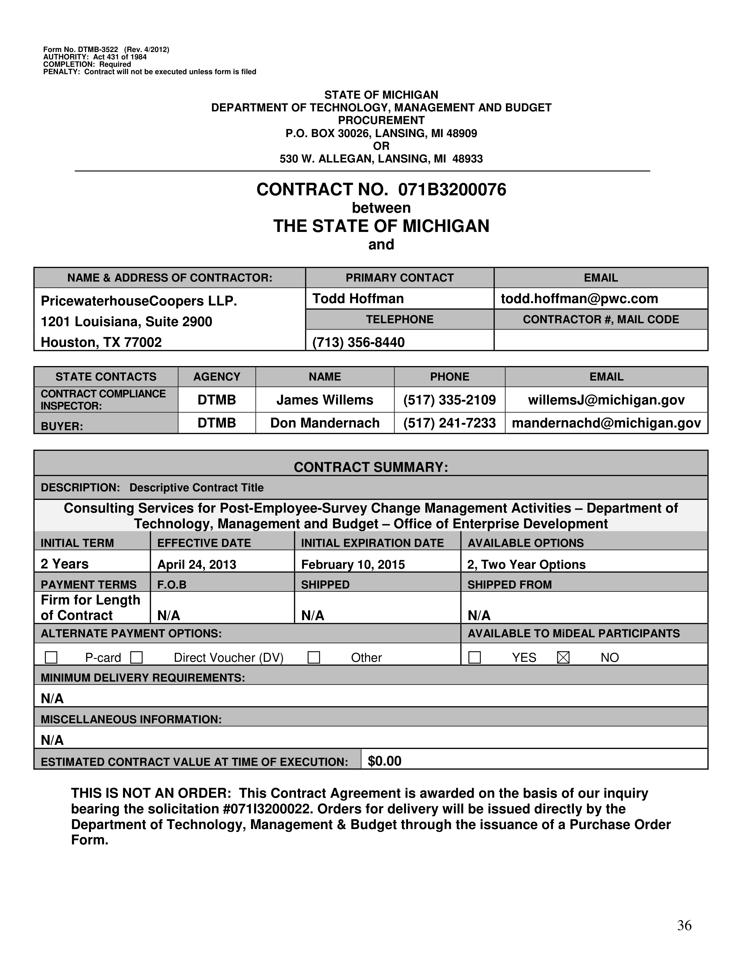 PricewaterhouseCoopers Contract Change Notice — page 72