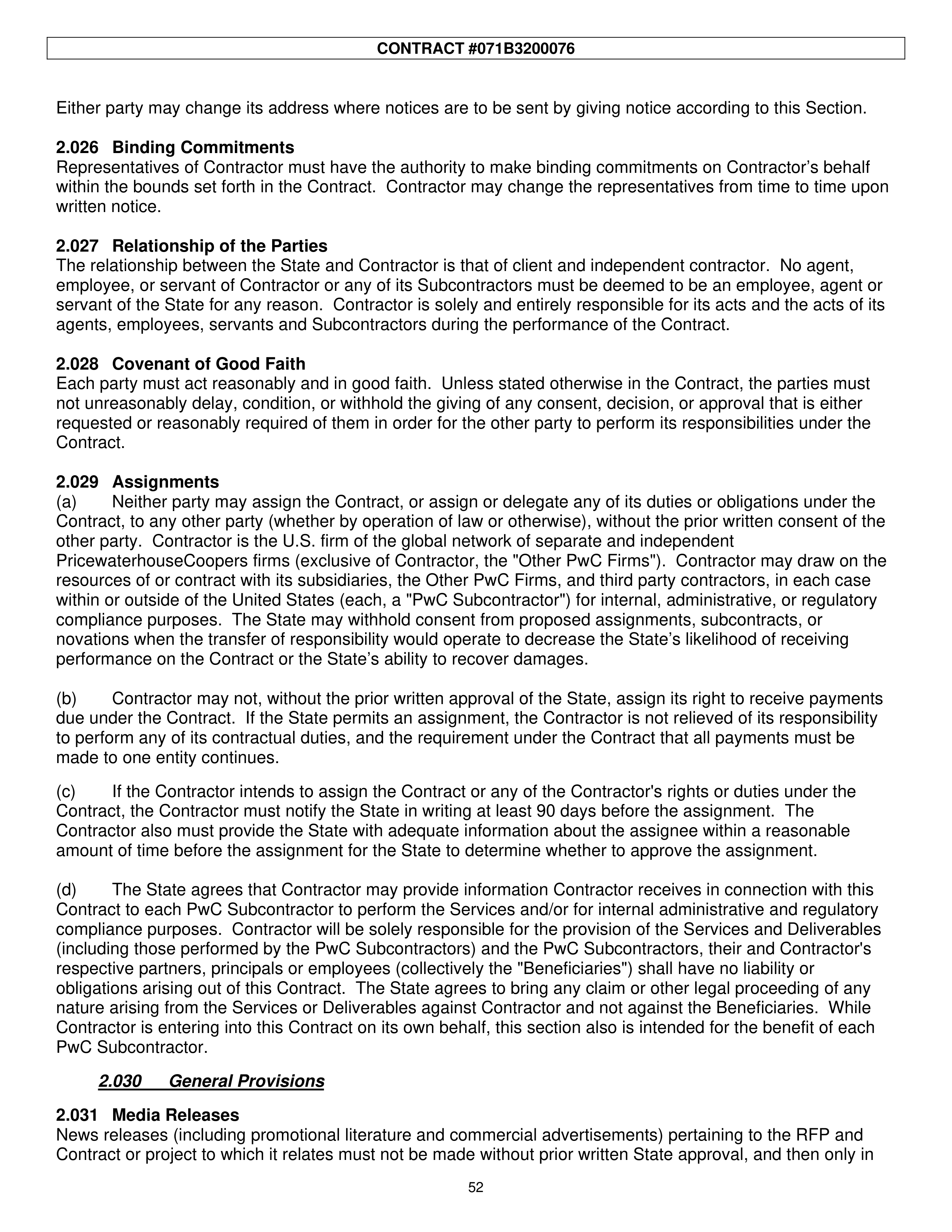 PricewaterhouseCoopers Contract Change Notice — page 88
