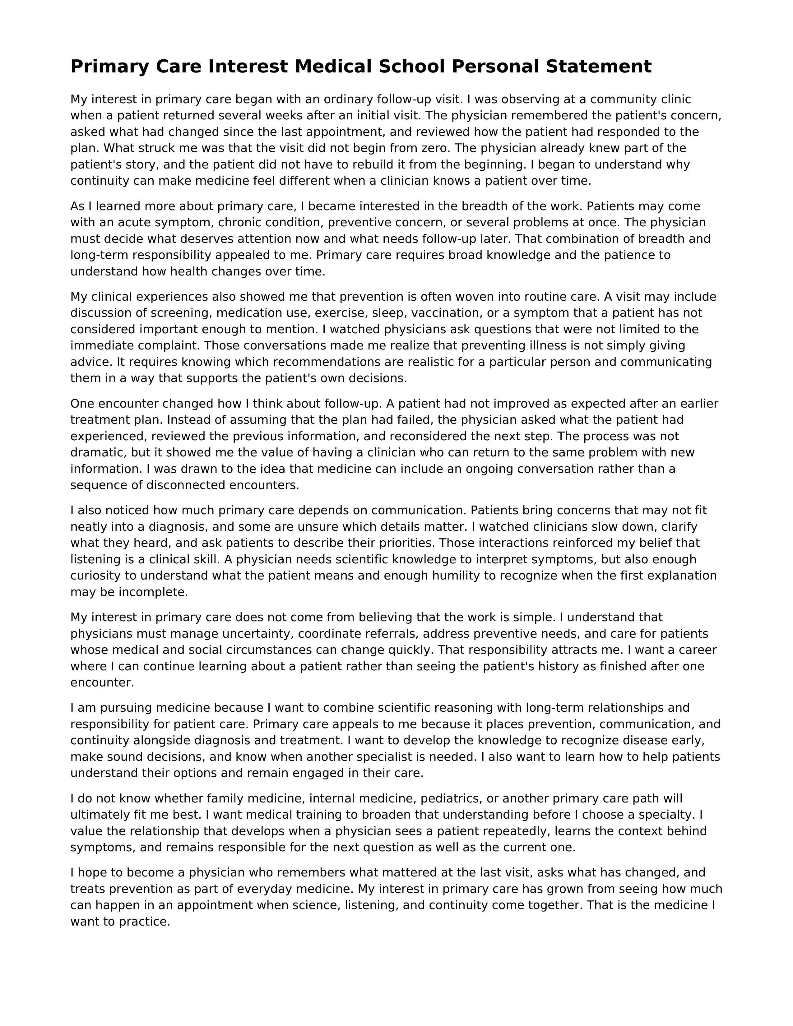 Primary Care Interest Medical School Personal Statement — page 1
