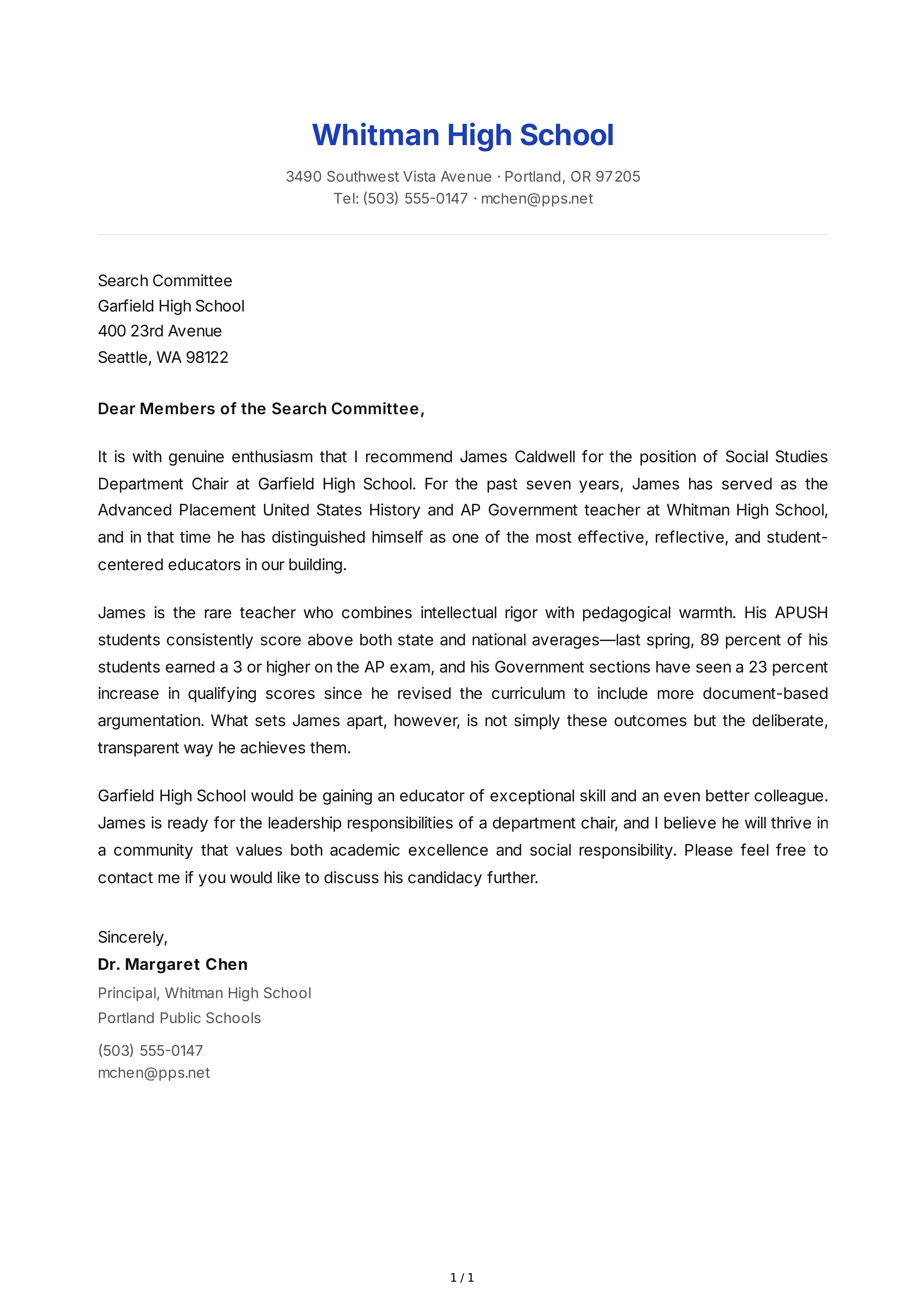 Principal Reference Letter — page 1