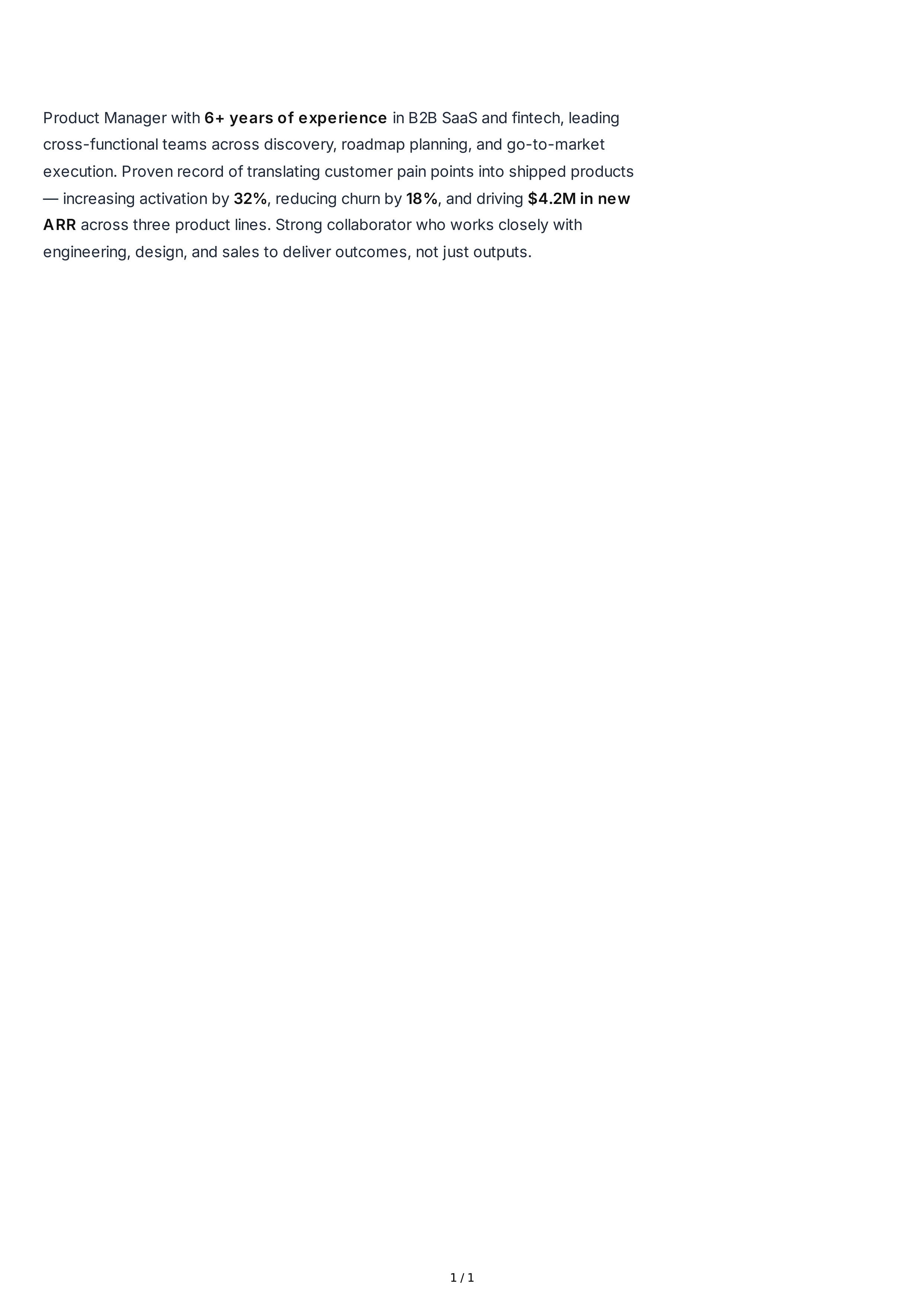 Product Manager Resume Summary — page 1
