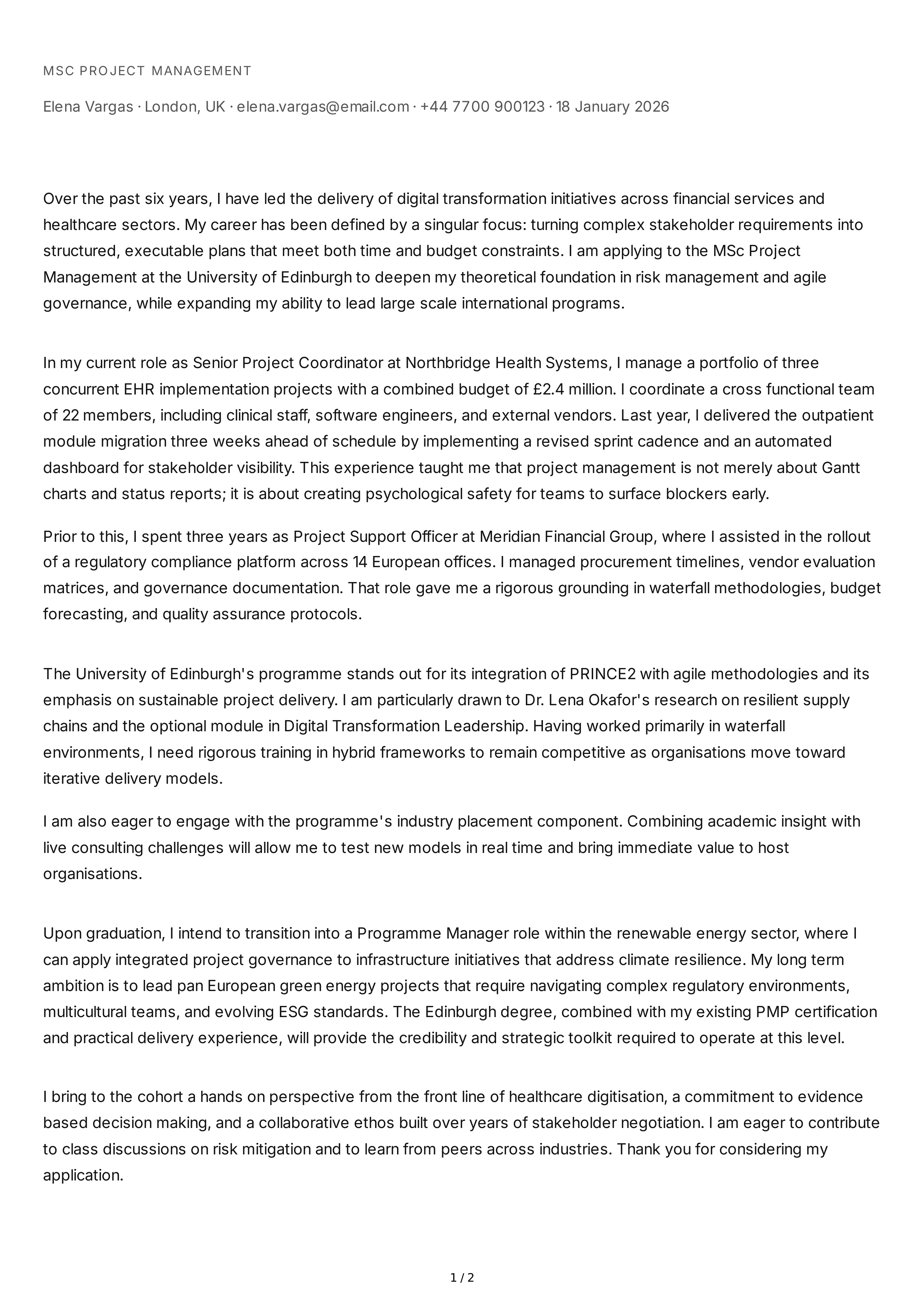 Project Management Personal Statement — page 1