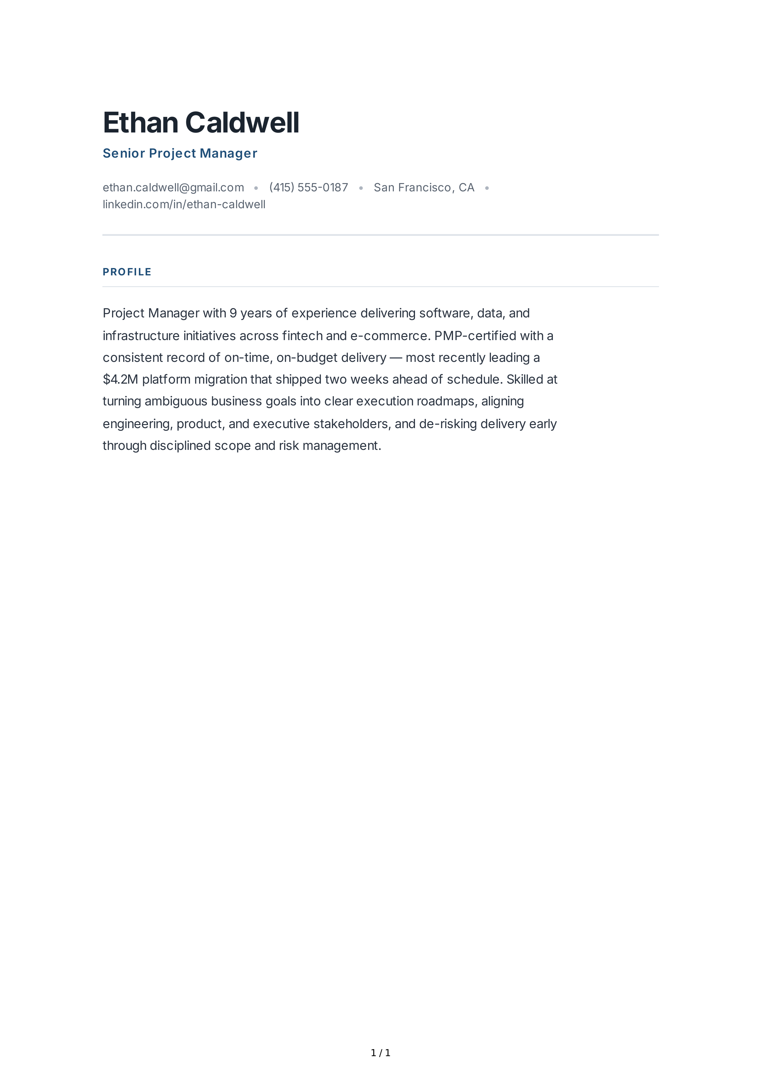 Project Manager Resume Profile — page 1