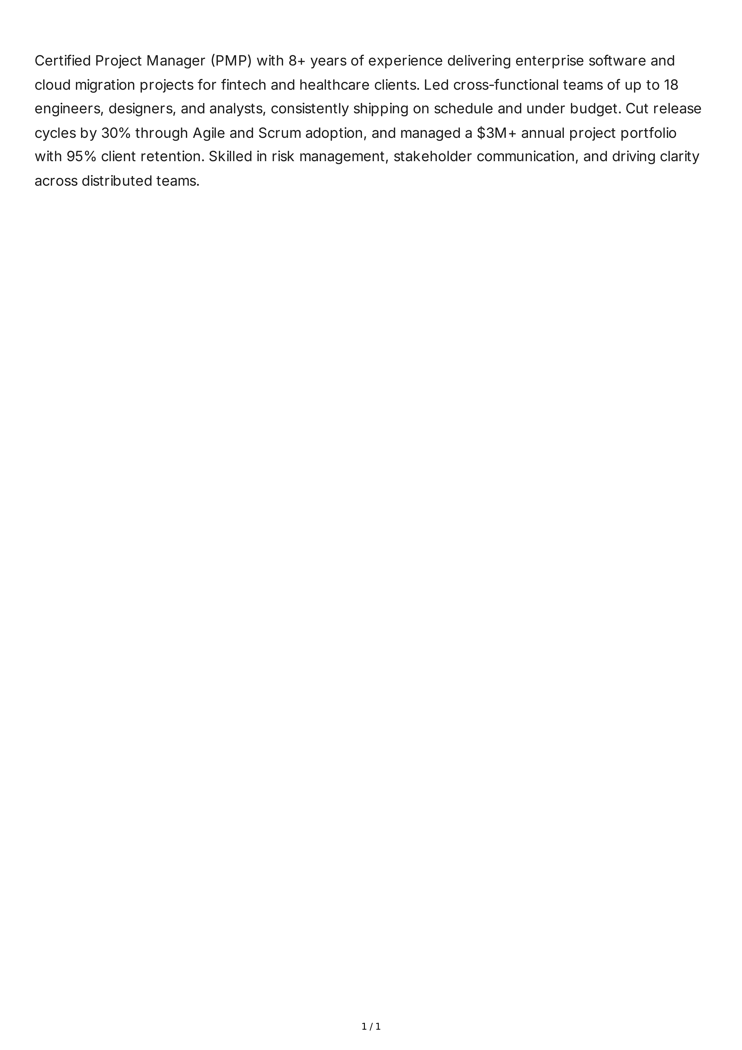 Project Manager Resume Summary — page 1