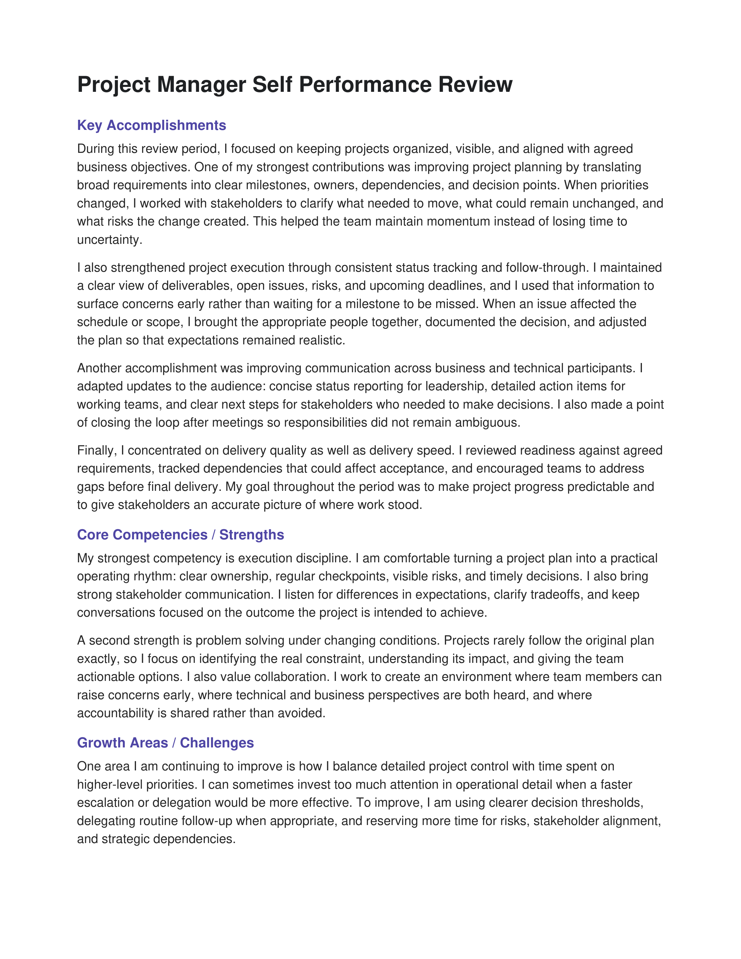 Project Manager Self Performance Review — page 1