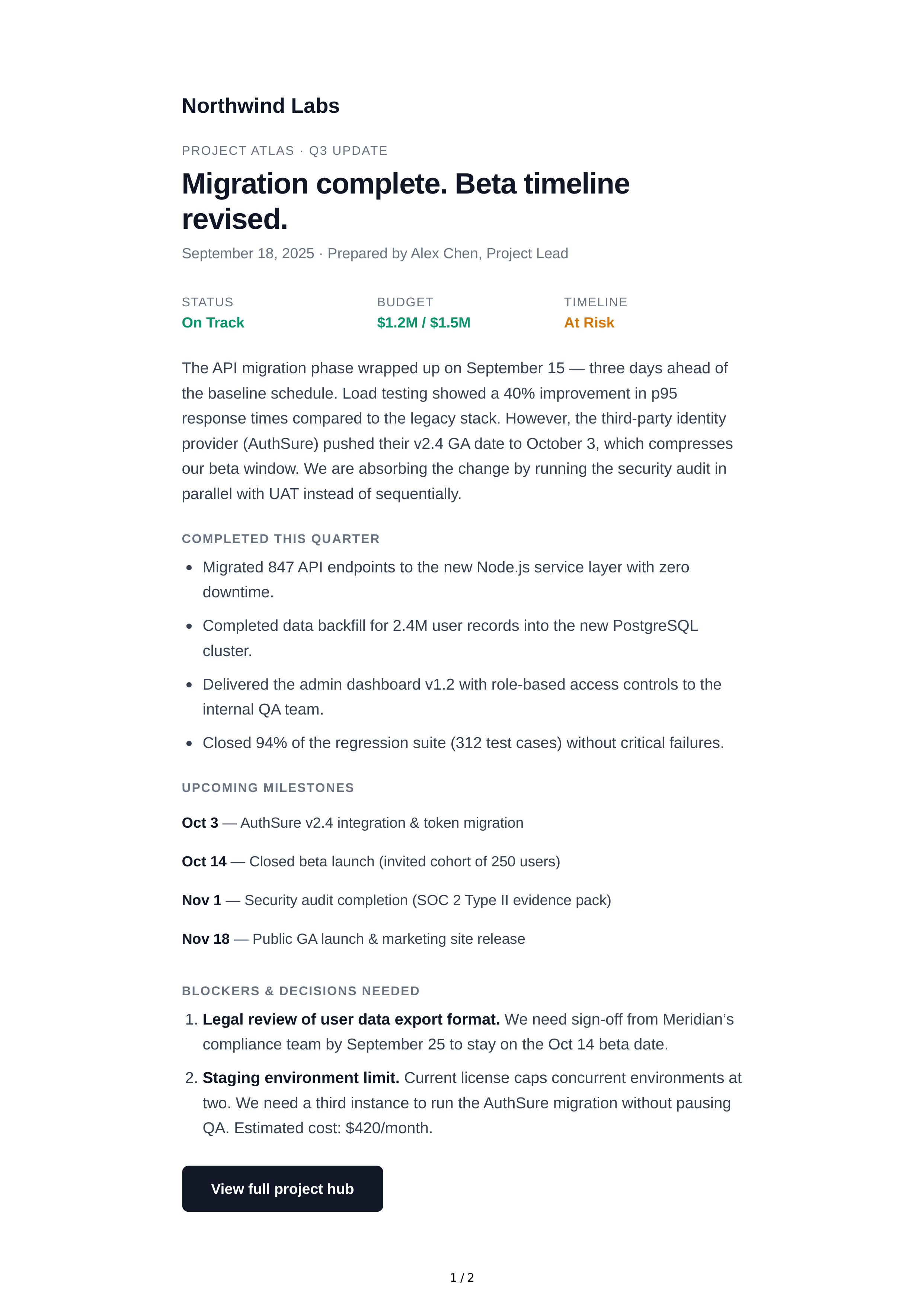 Project Update Email — page 1