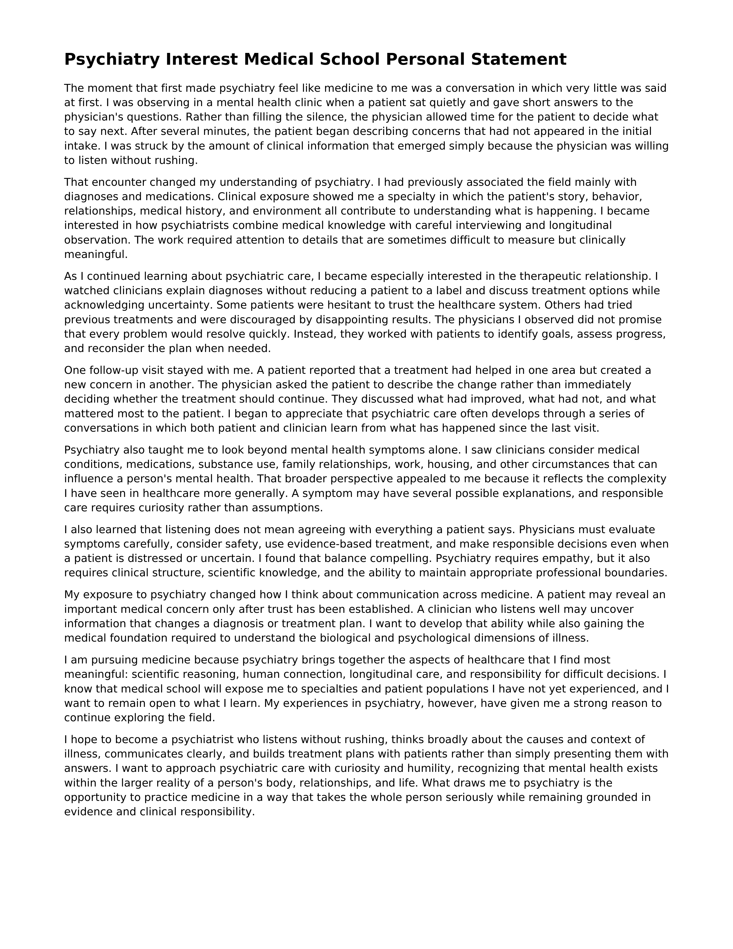 Psychiatry Interest Medical School Personal Statement — page 1