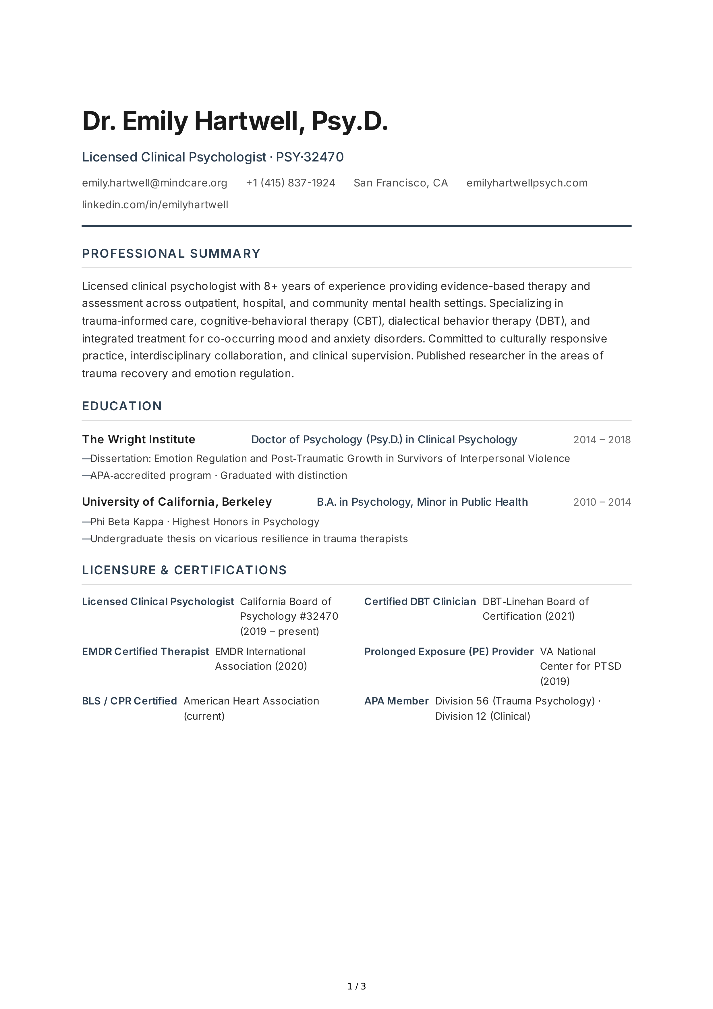 Psychologist CV — page 1