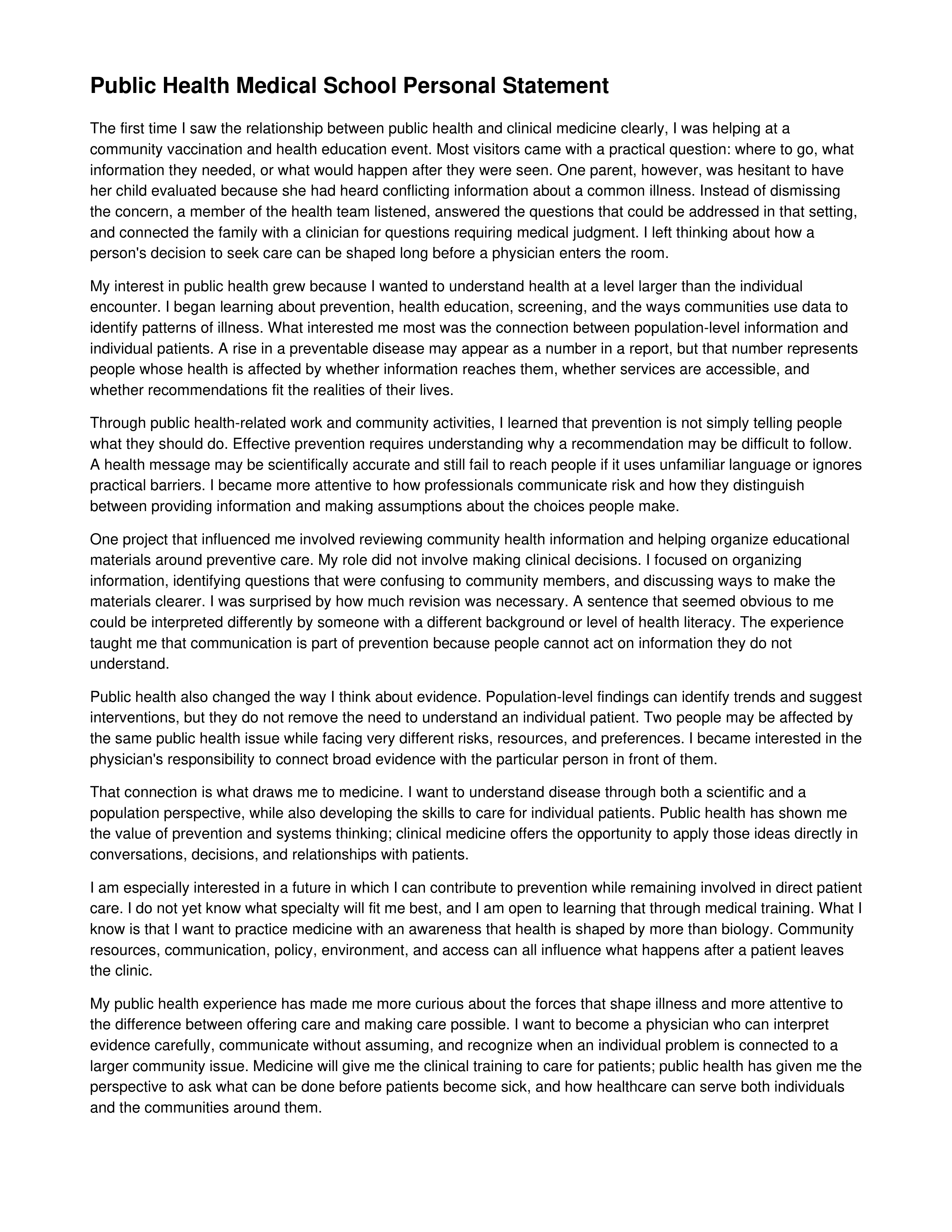 Public Health Medical School Personal Statement — page 1