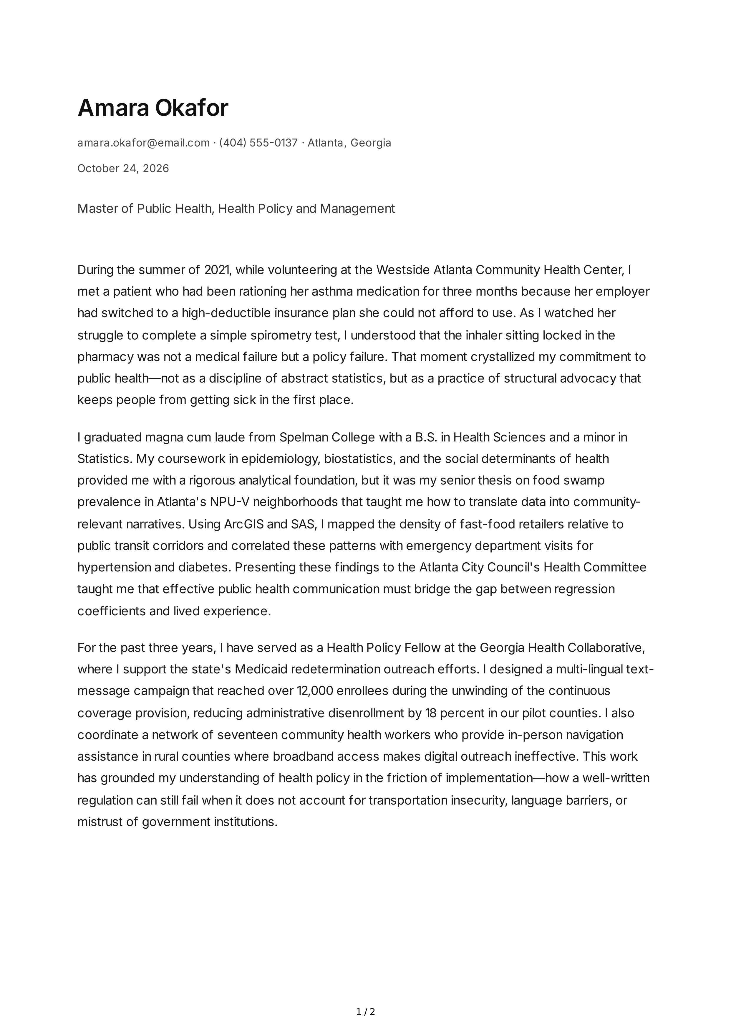 Public Health Personal Statement — page 1