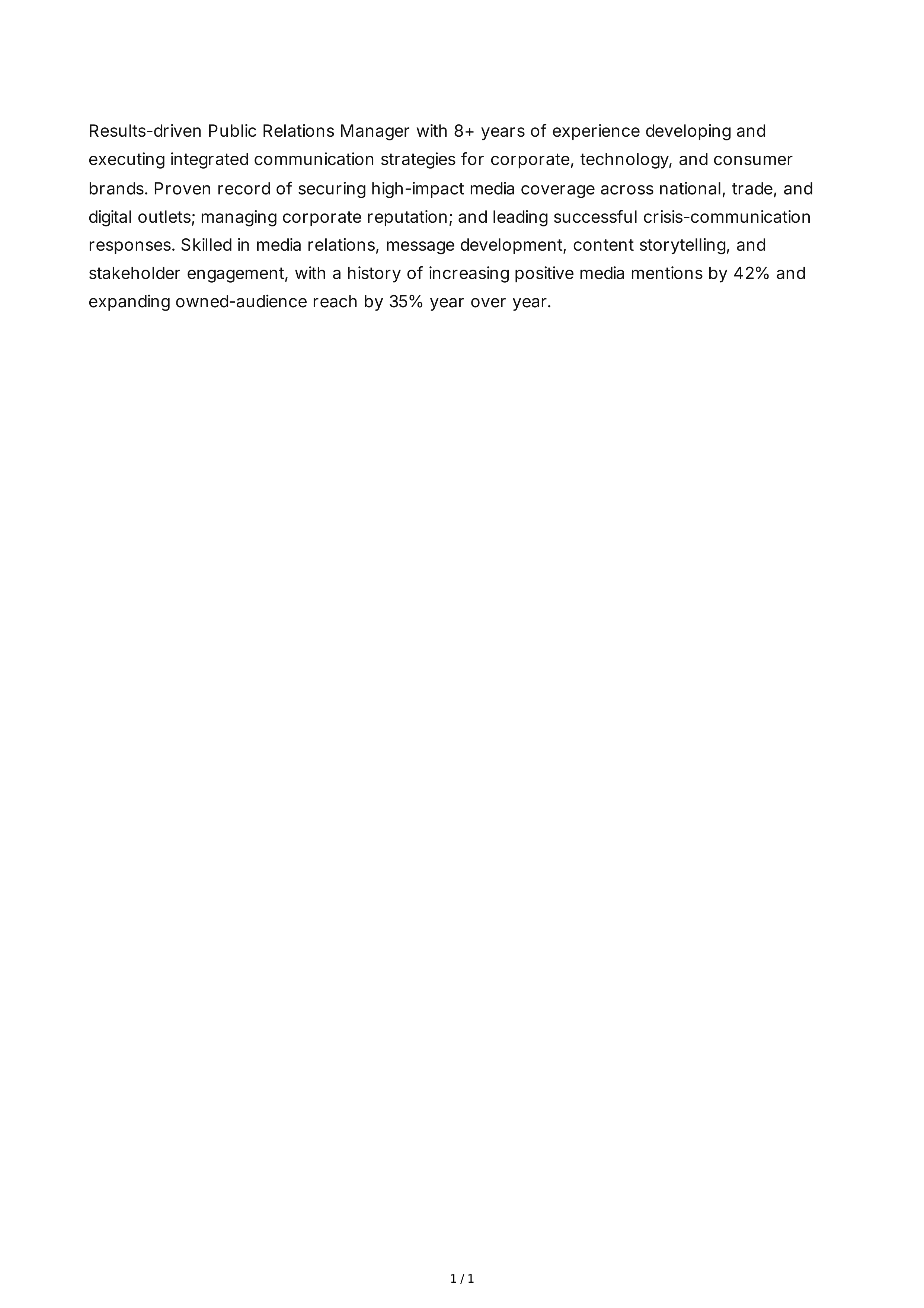 Public Relations Manager Resume Summary — page 1