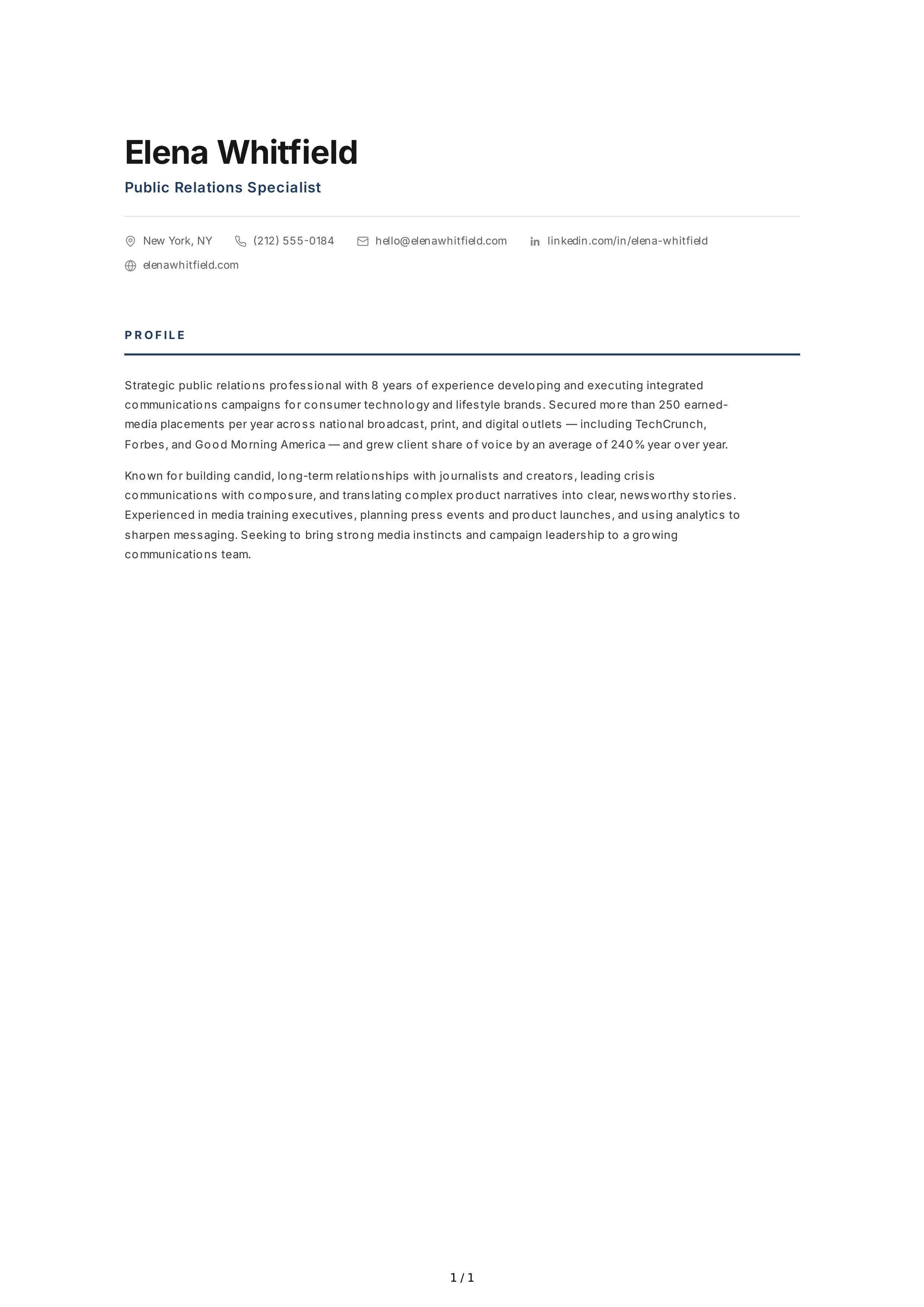 Public Relations Specialist Resume Profile — page 1