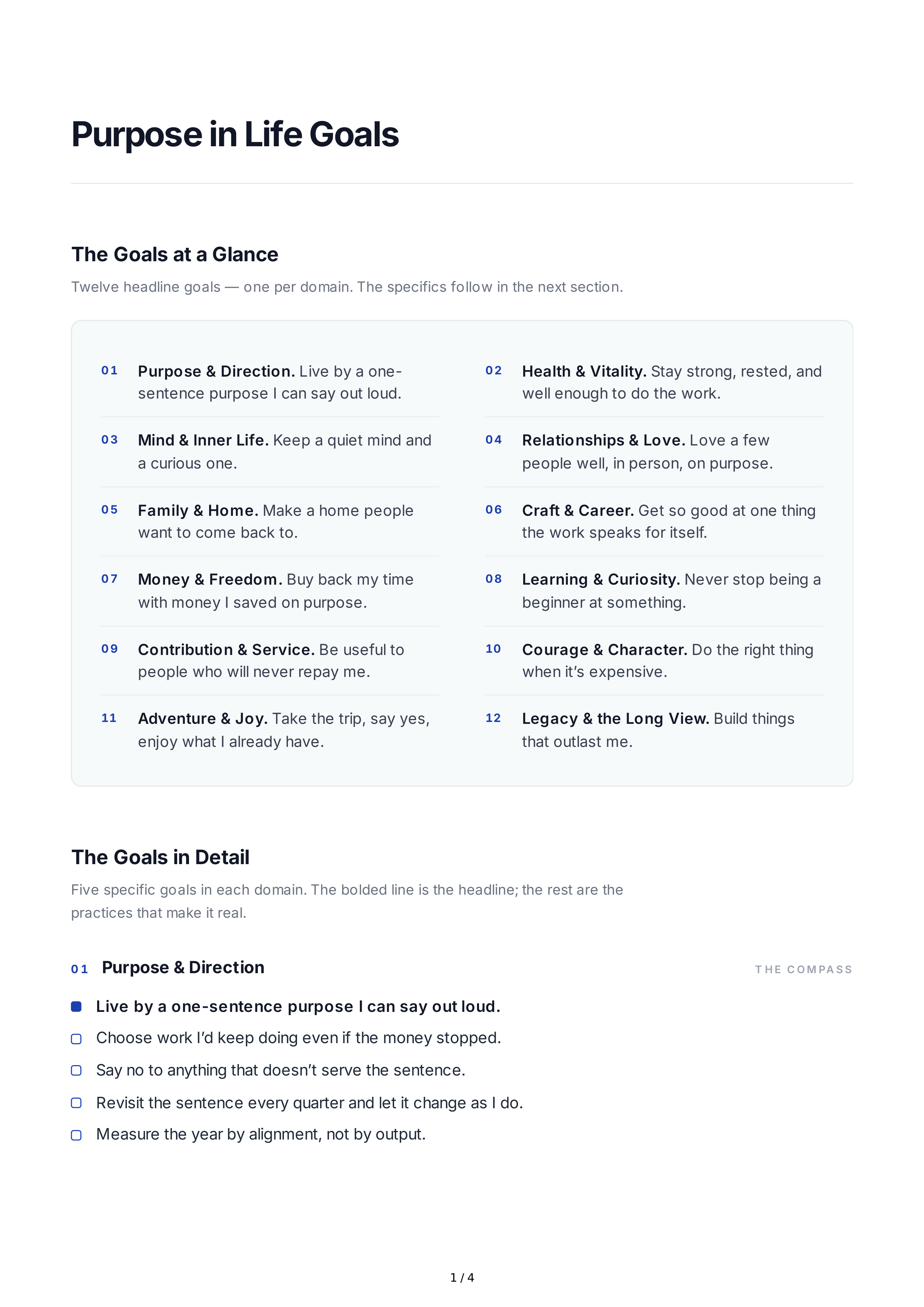 Purpose in Life Goals — page 1