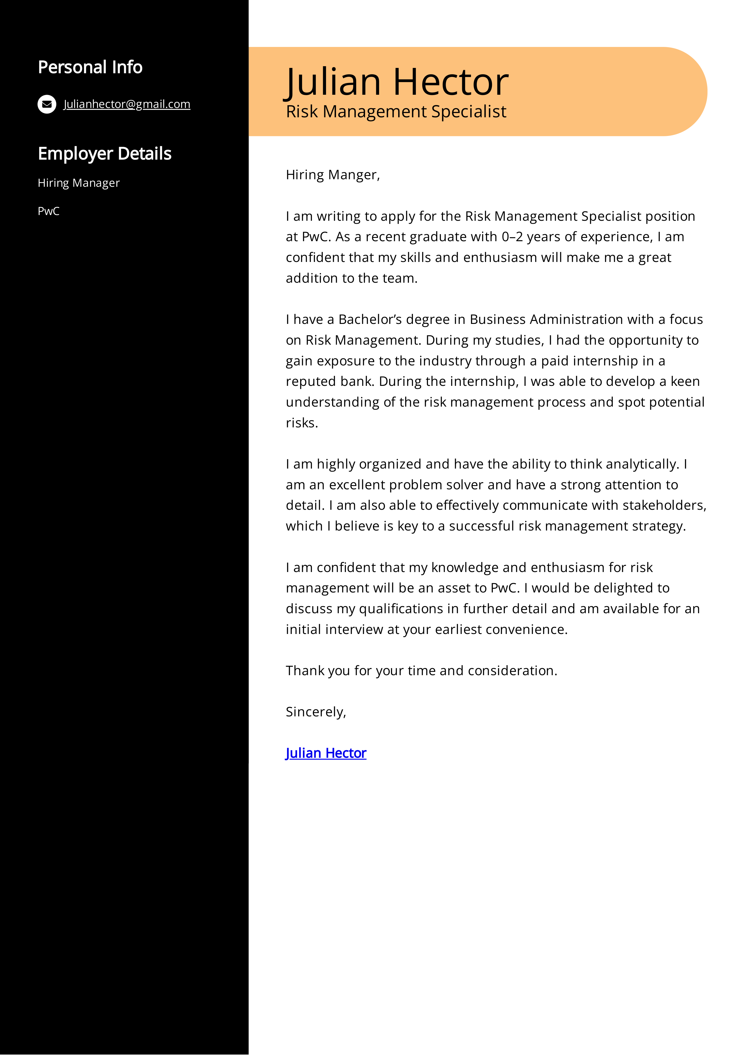 PwC Risk Management Specialist Cover Letter — page 1