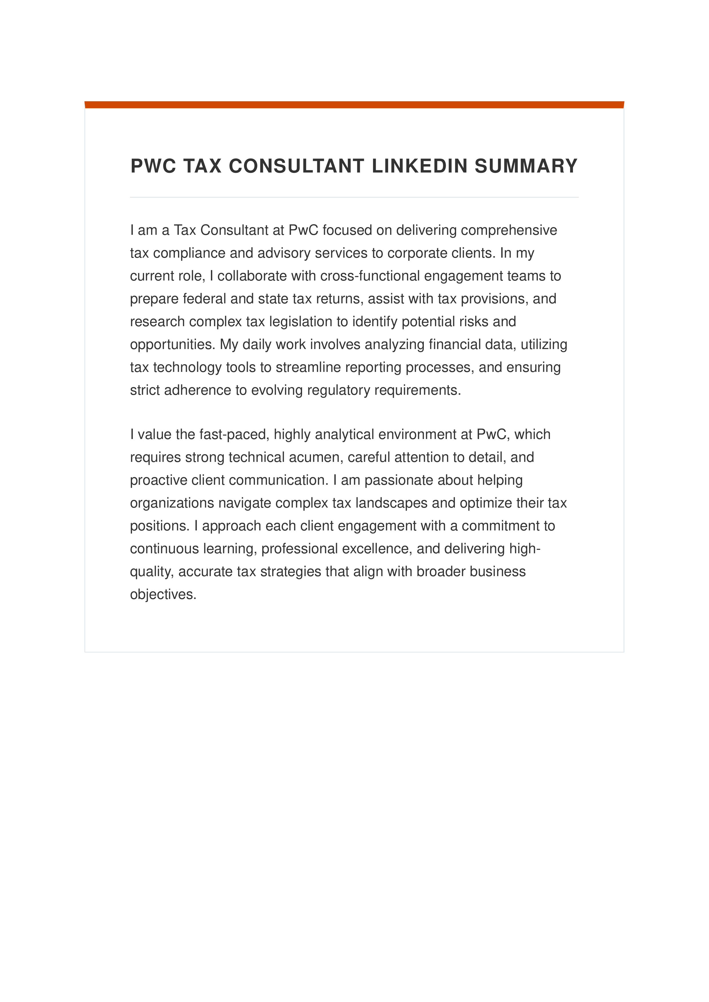 PwC Tax Consultant LinkedIn Summary — page 1
