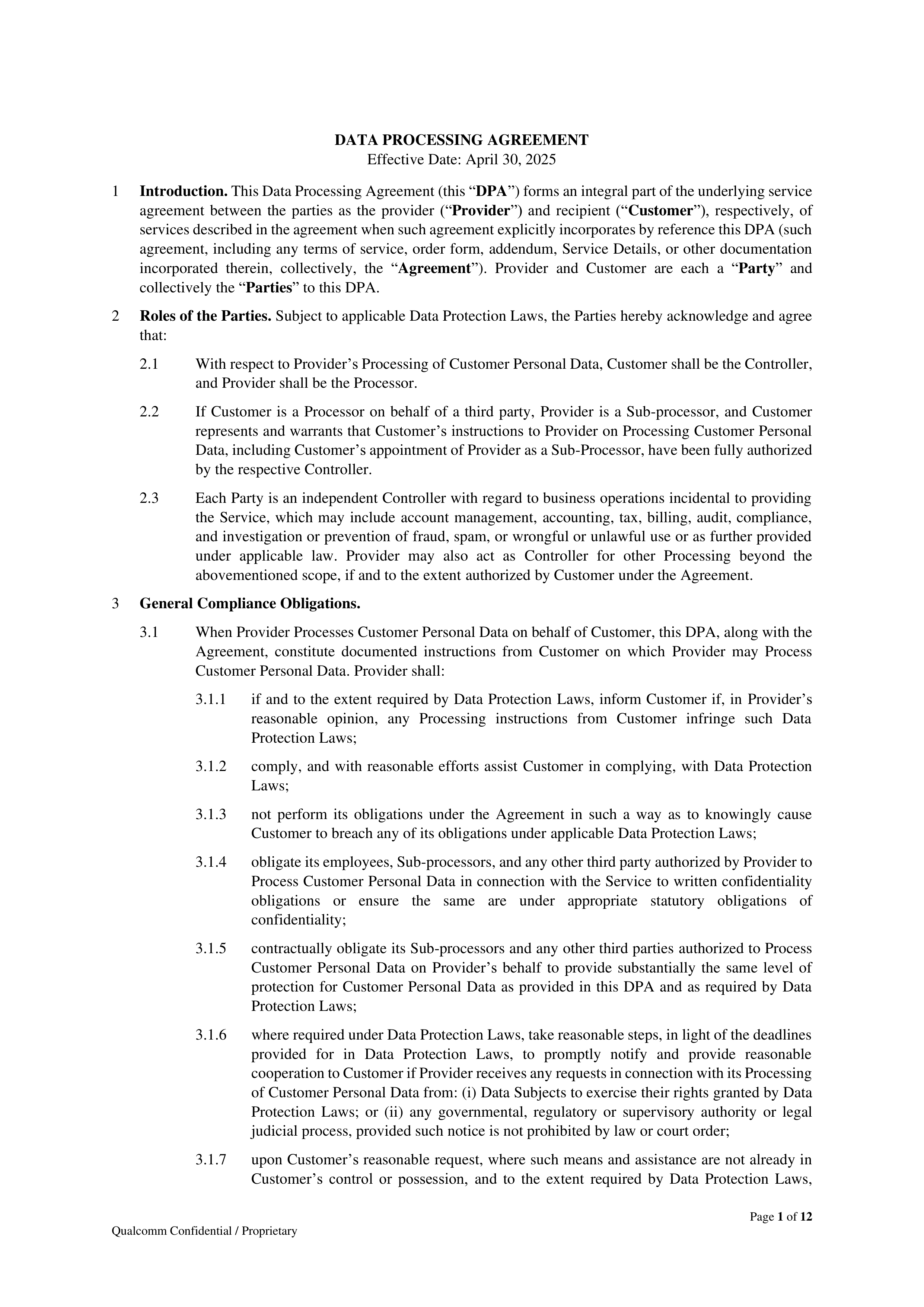 Qualcomm Data Processing Agreement — page 1