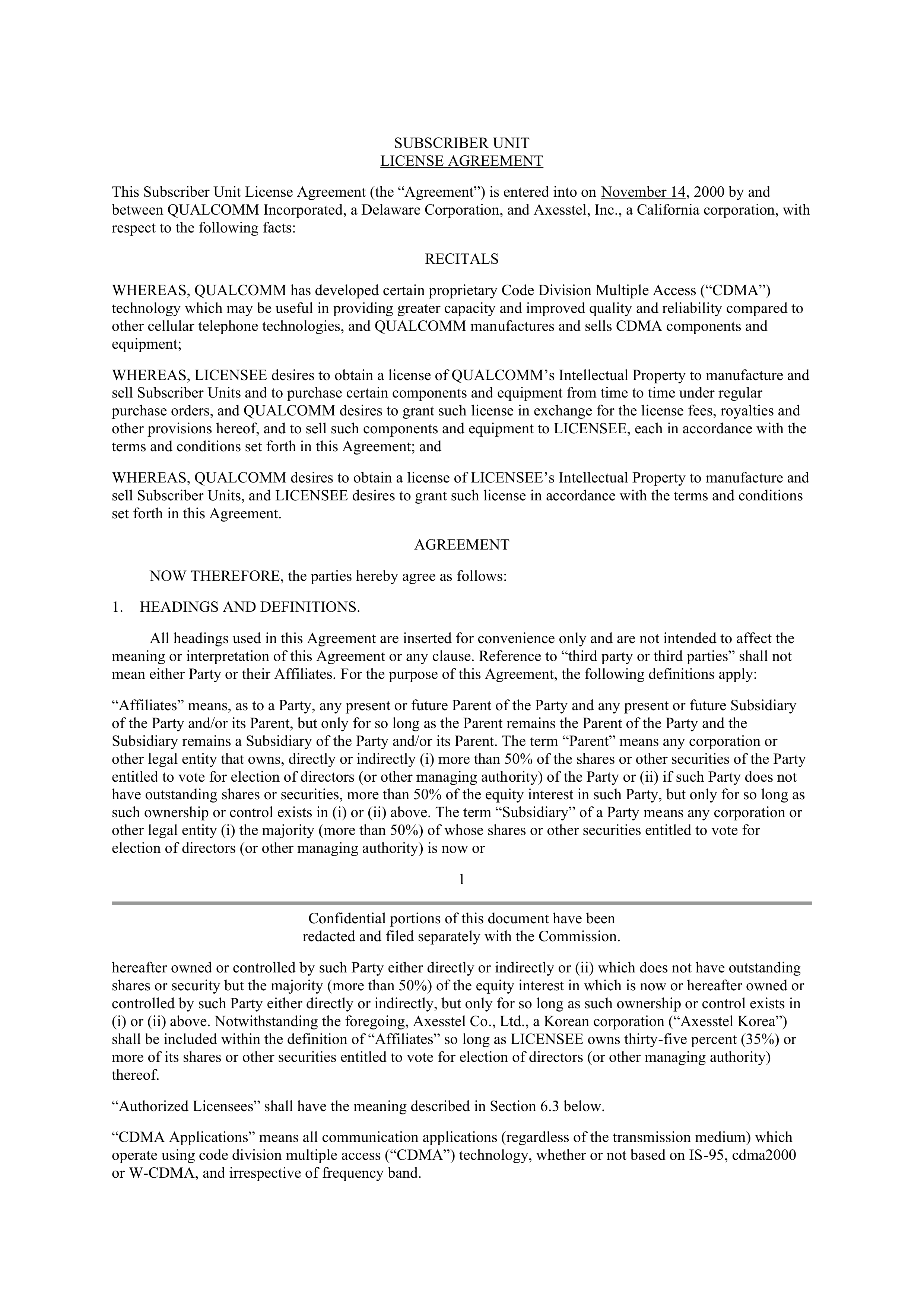 Qualcomm Subscriber Unit License Agreement — page 1