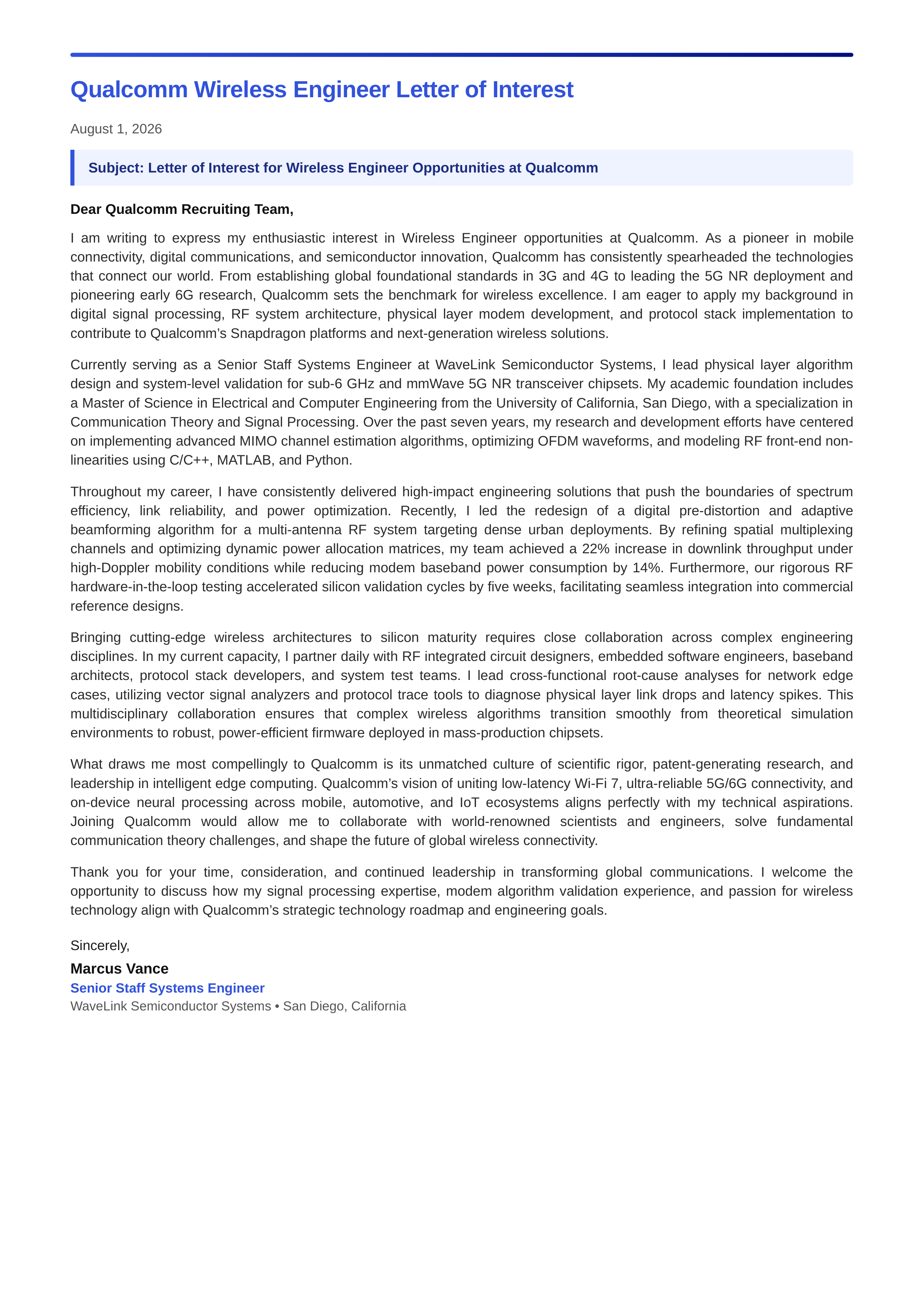 Qualcomm Wireless Engineer Letter of Interest — page 1