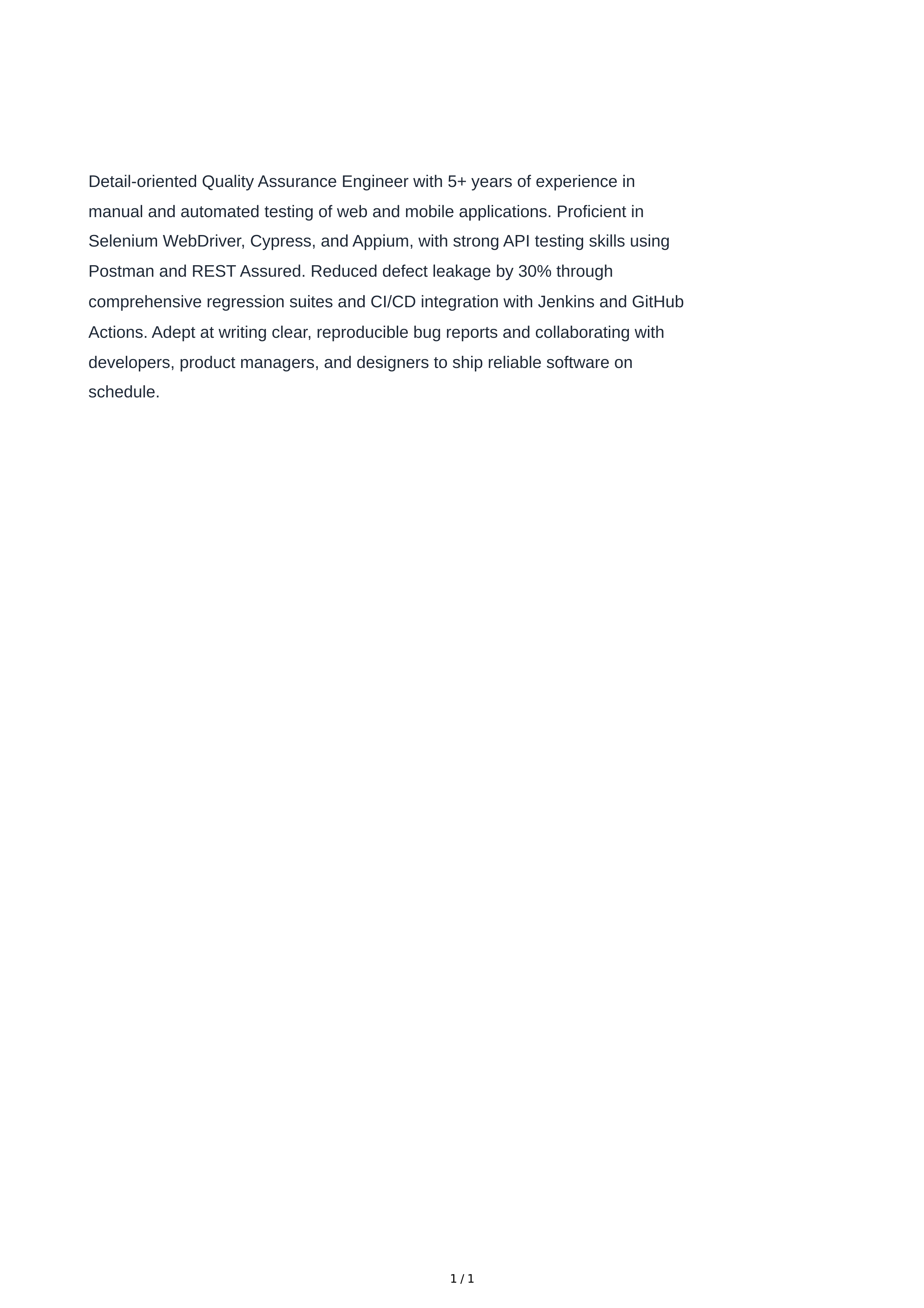 Quality Assurance Engineer Resume Summary — page 1