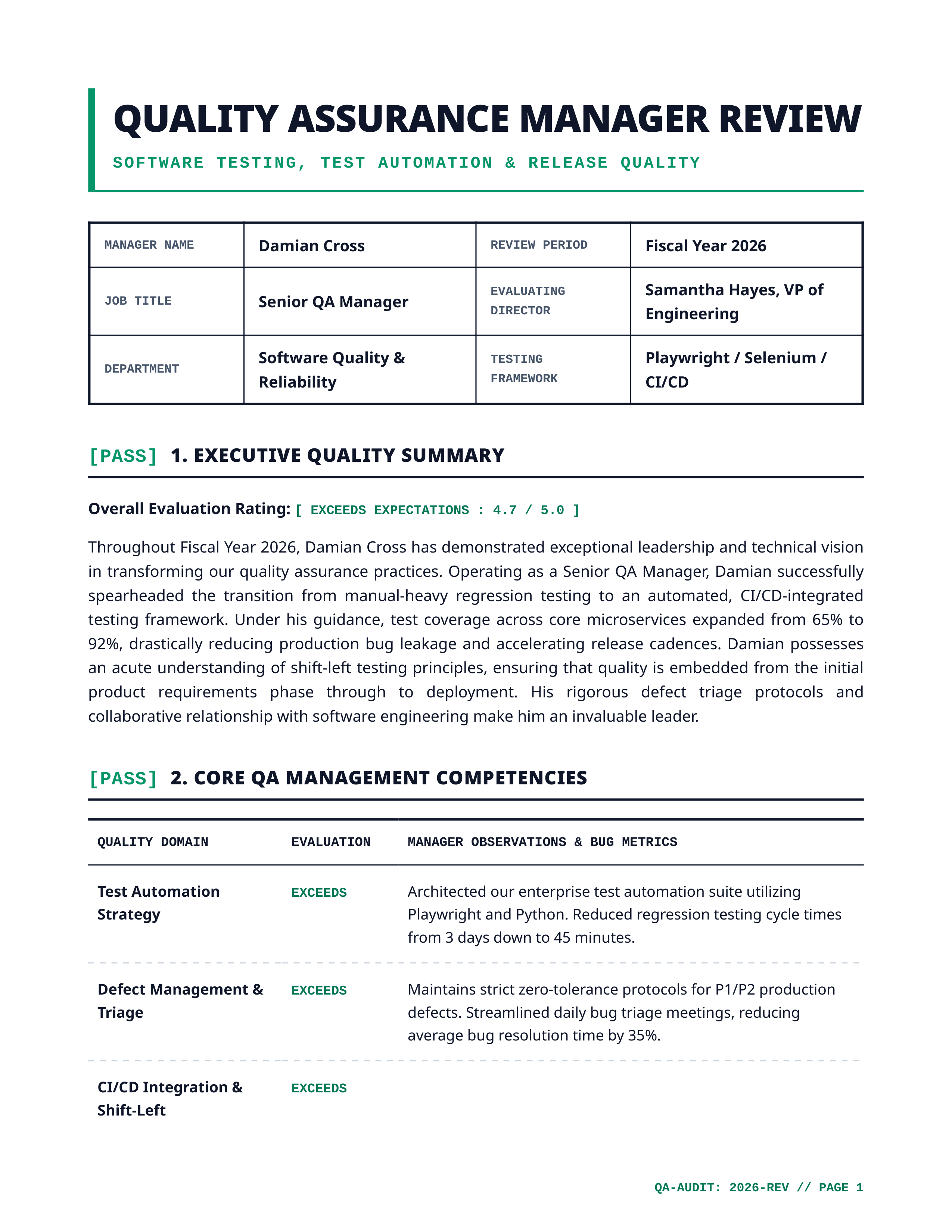 Quality Assurance Manager Performance Review — page 1
