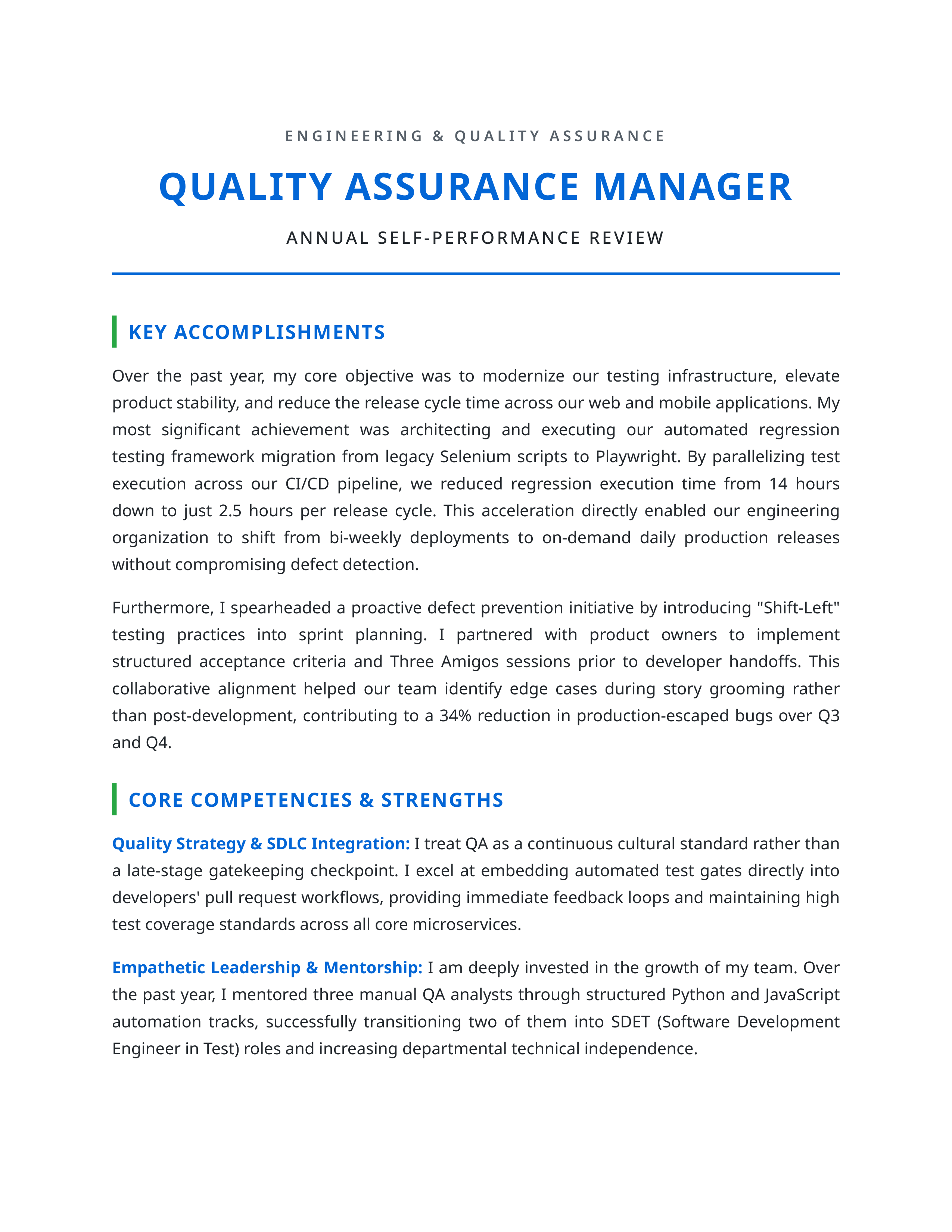 Quality Assurance Manager Self Performance Review — page 1