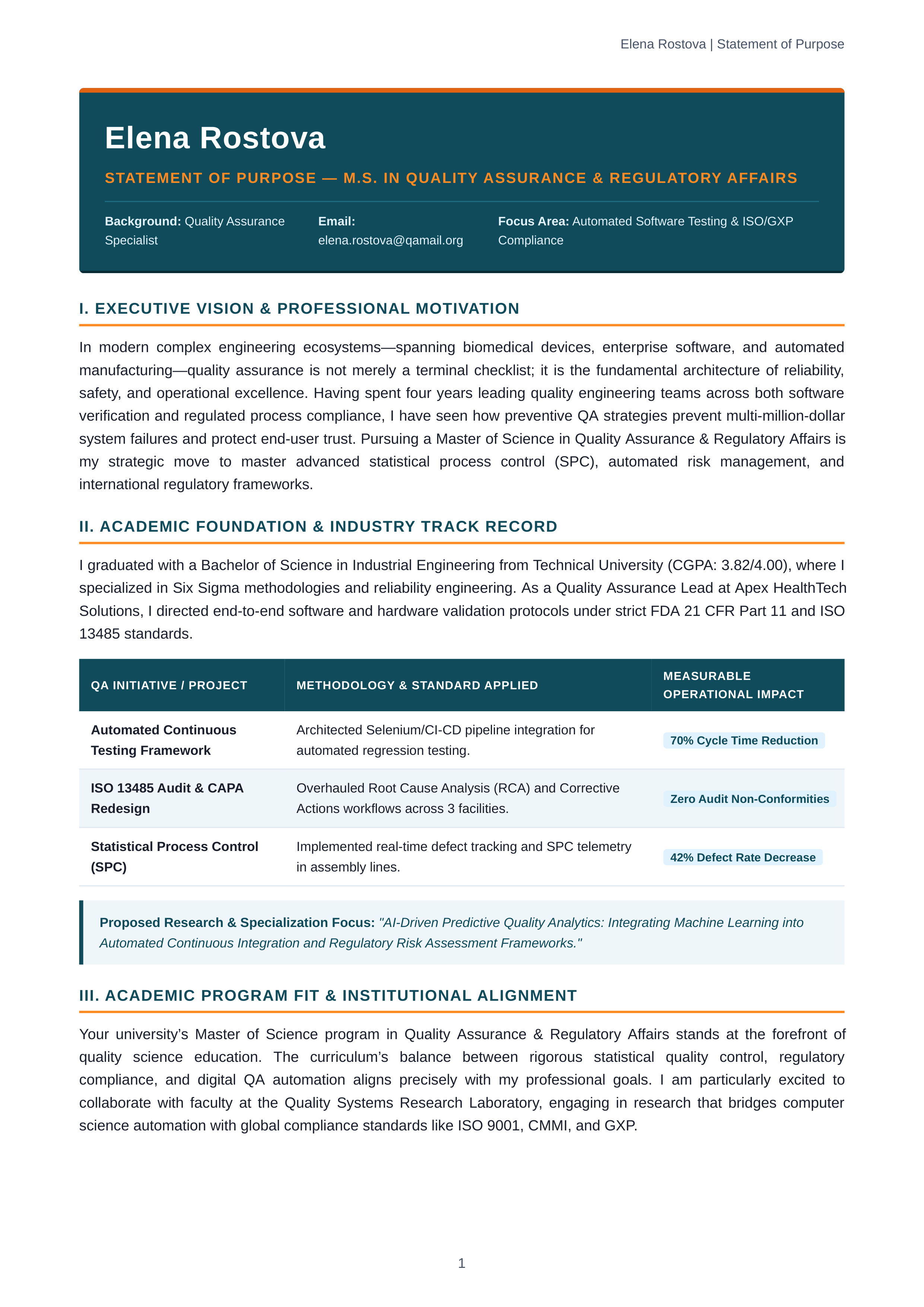 Quality Assurance Statement of Purpose — page 1