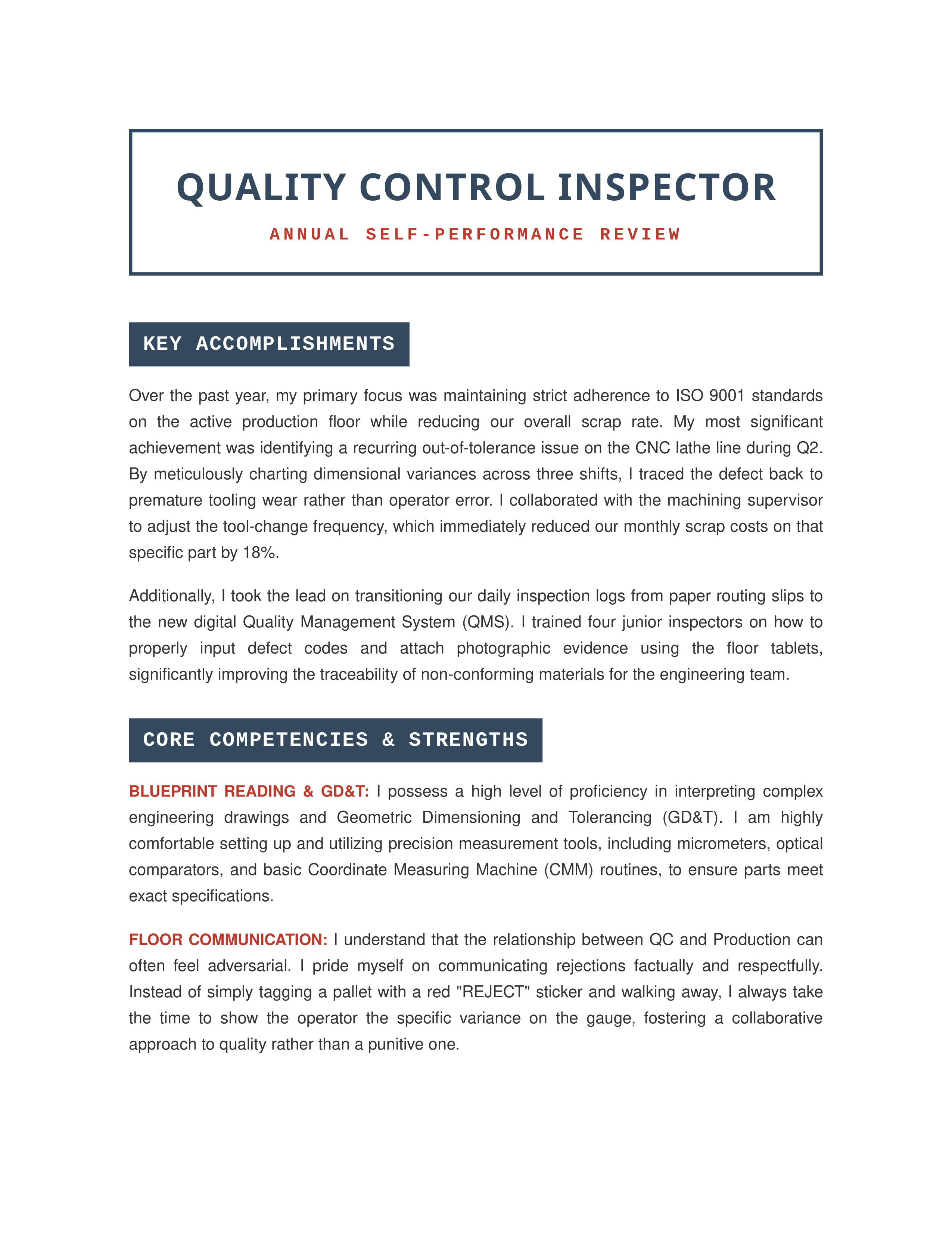 Quality Control Inspector Self Performance Review — page 1