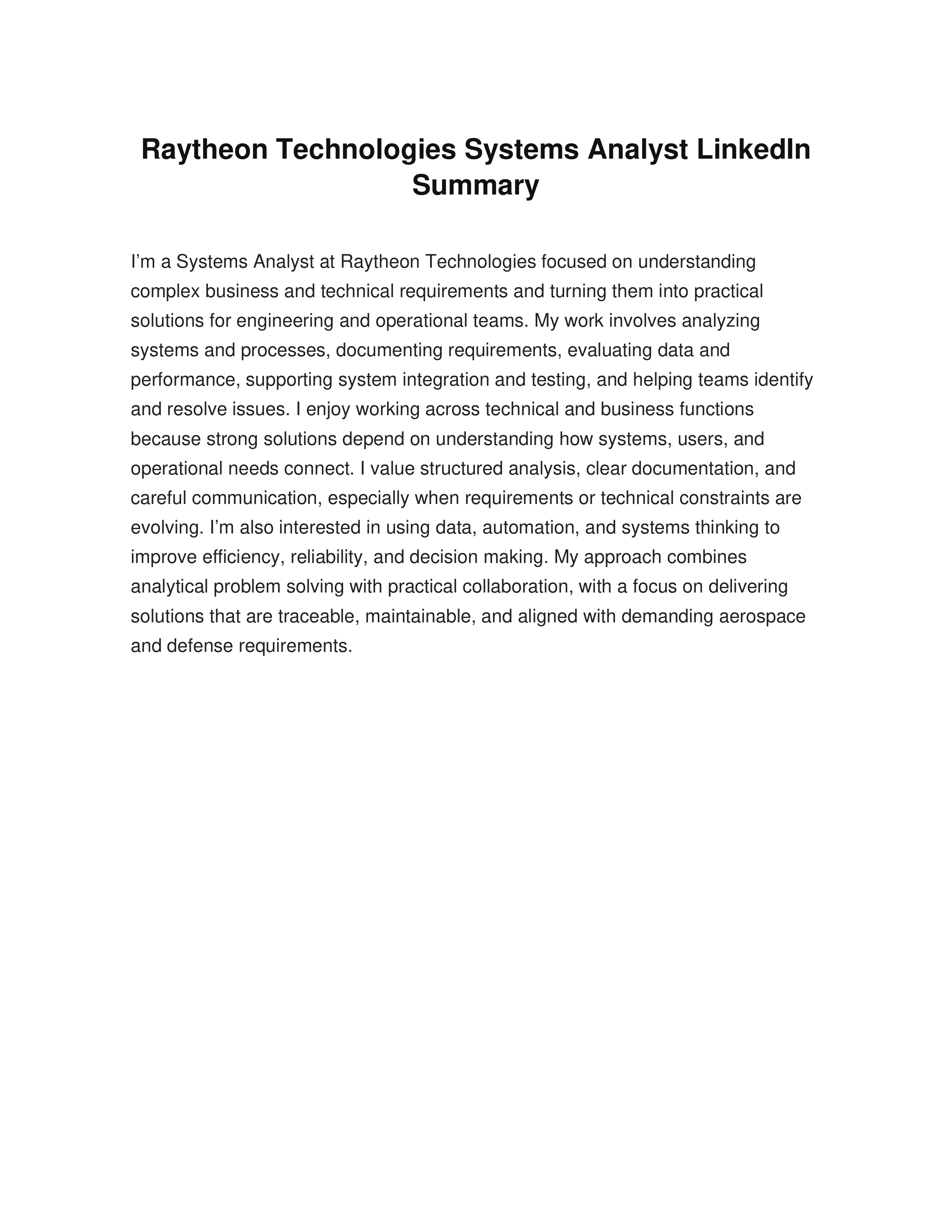Raytheon Technologies Systems Analyst LinkedIn Summary — page 1