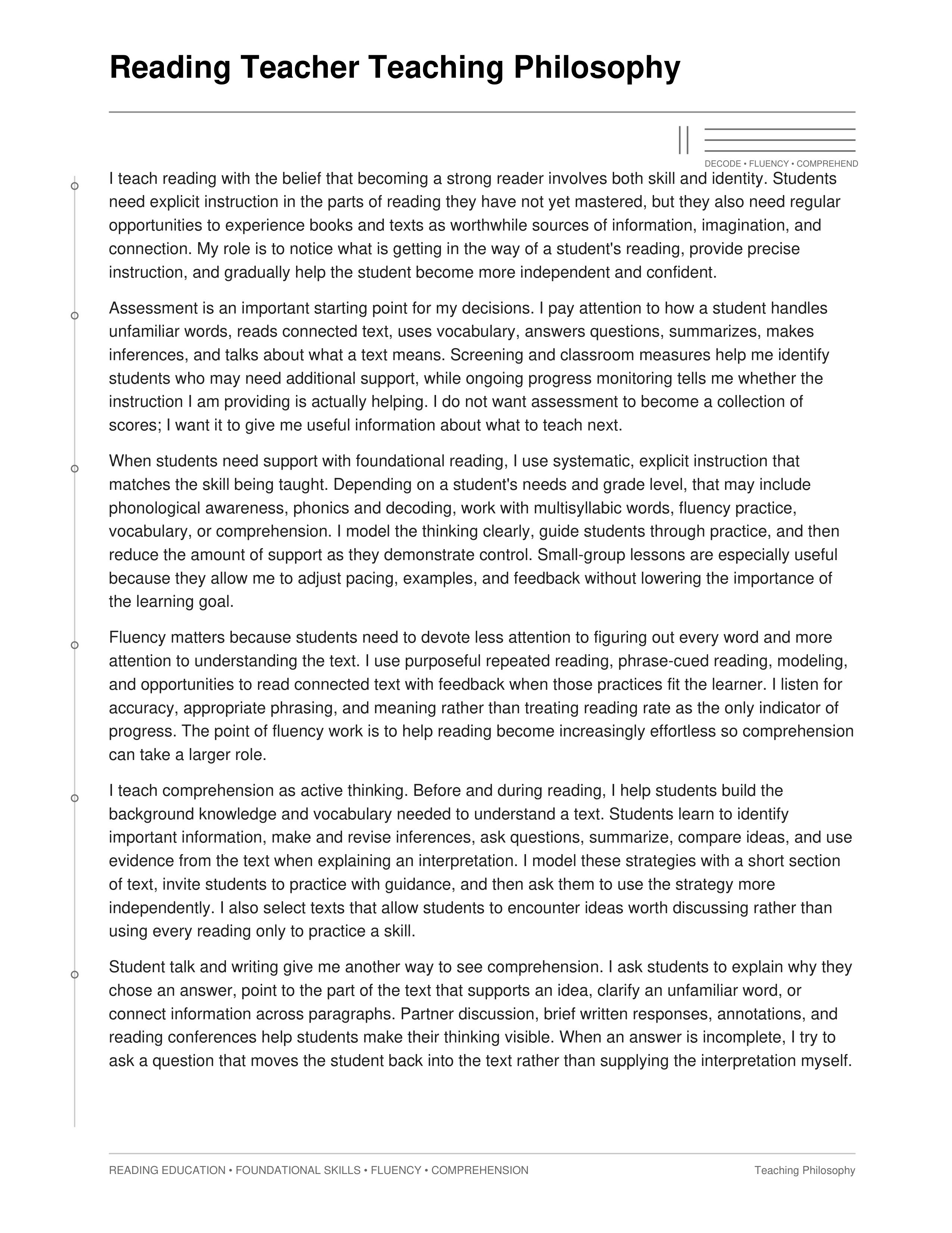 Reading Teacher Teaching Philosophy — page 1