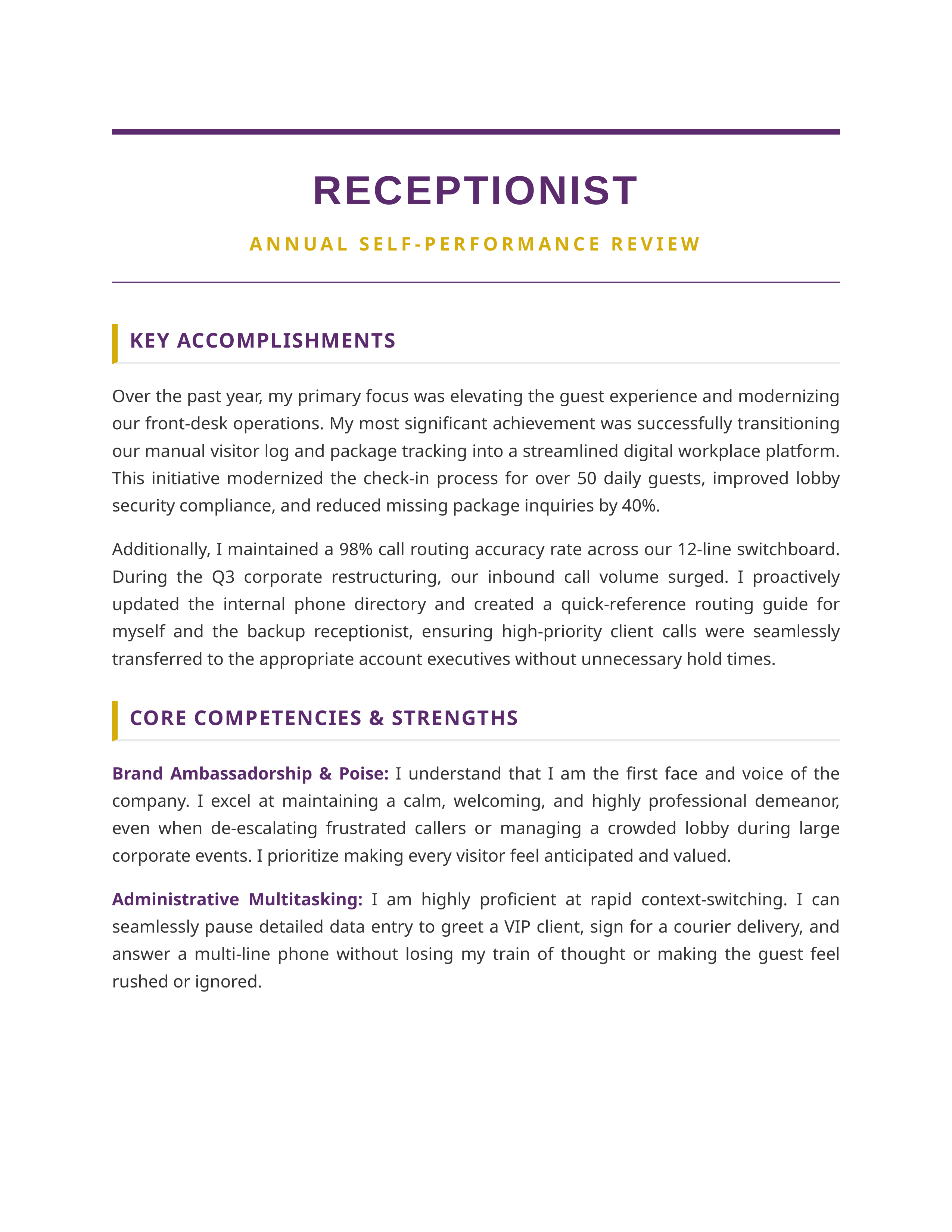 Receptionist Self Performance Review — page 1