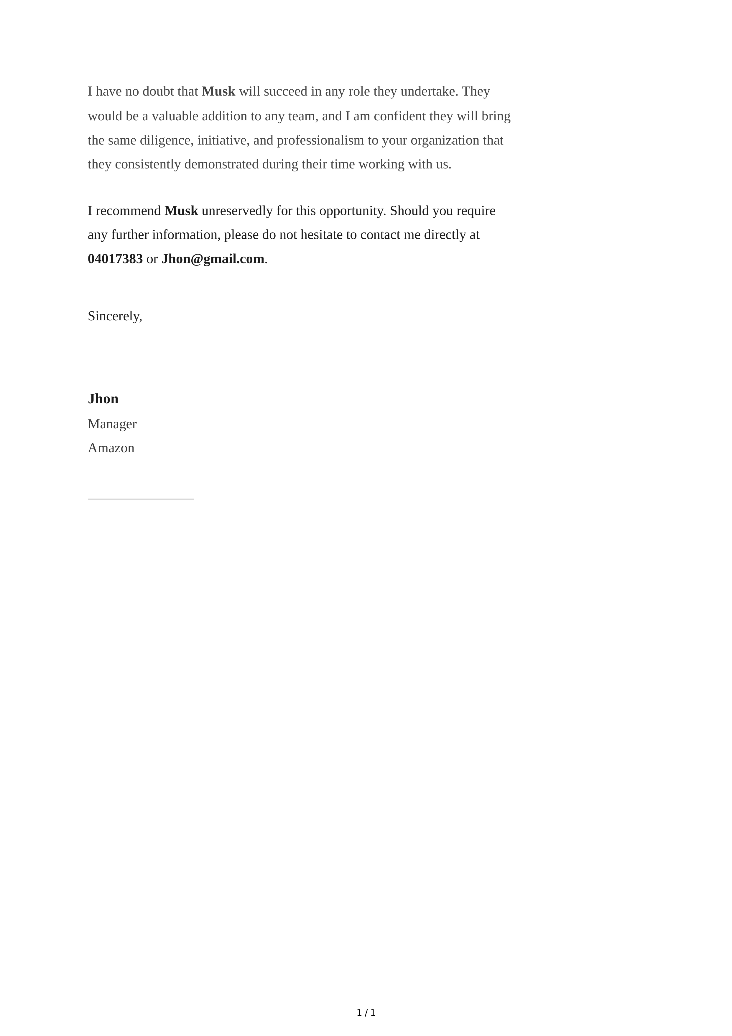 Recommendation Letter Conclusion Paragraph — page 1