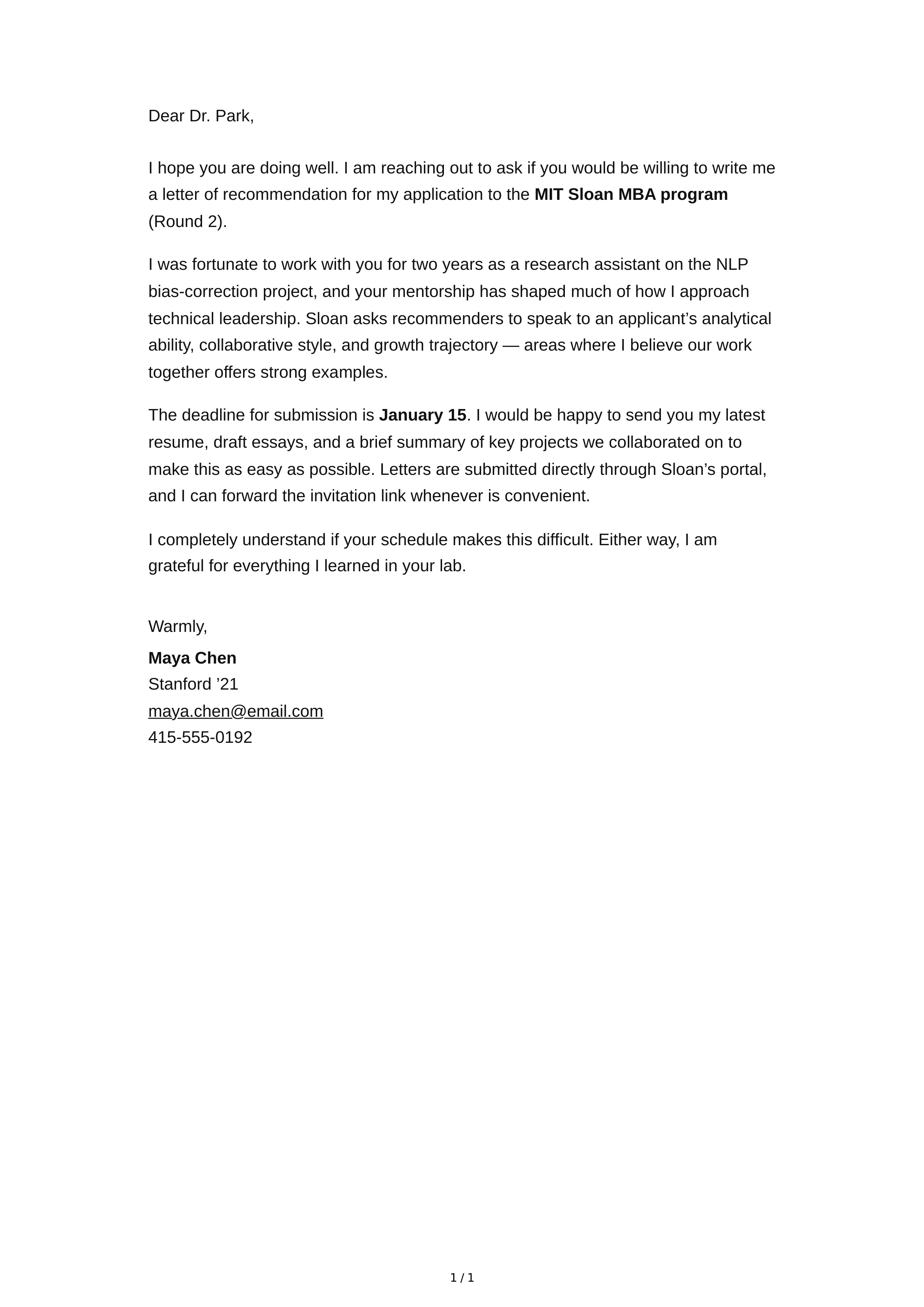 Recommendation Letter Request Email — page 1