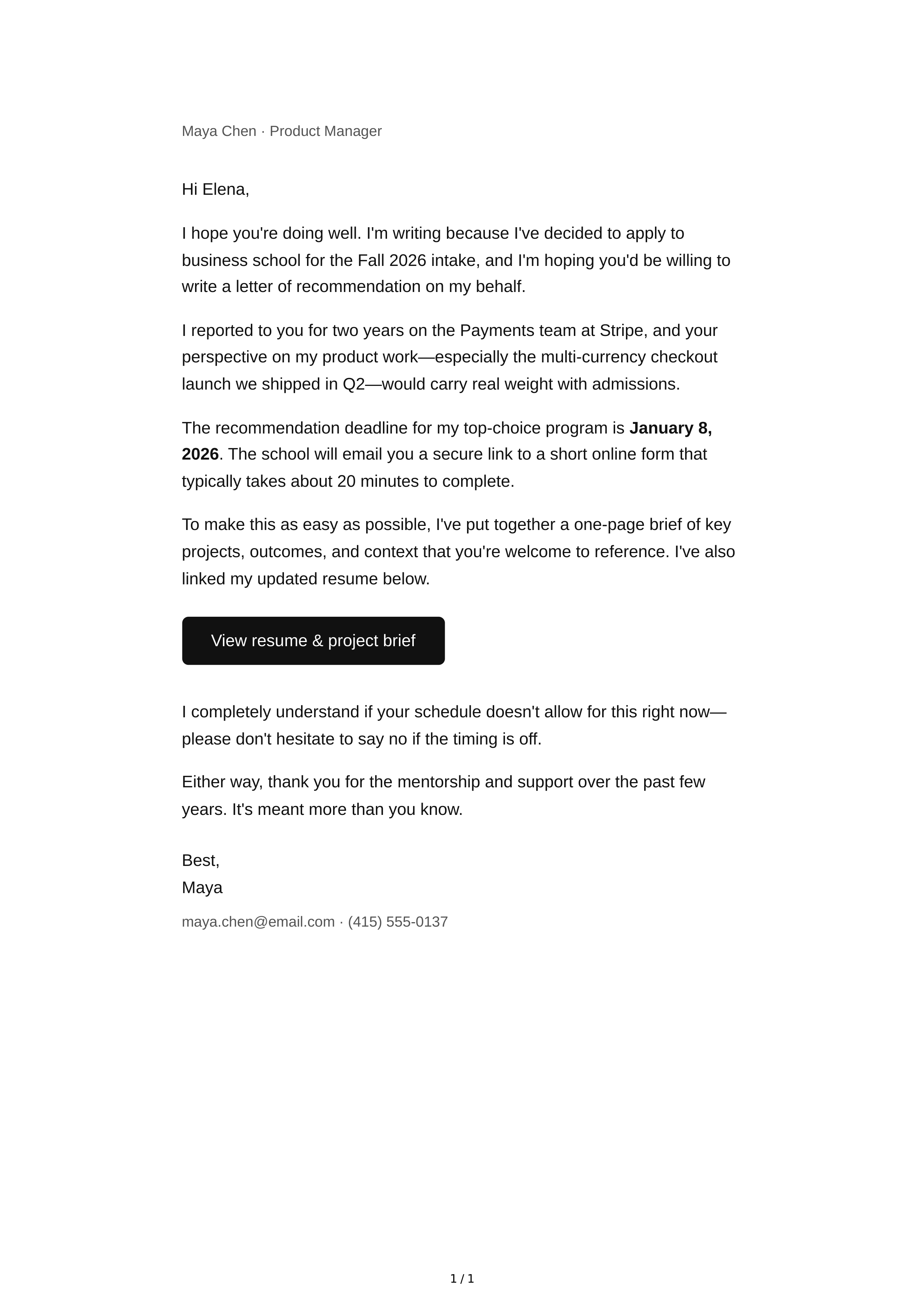 Recommendation Request Email — page 1