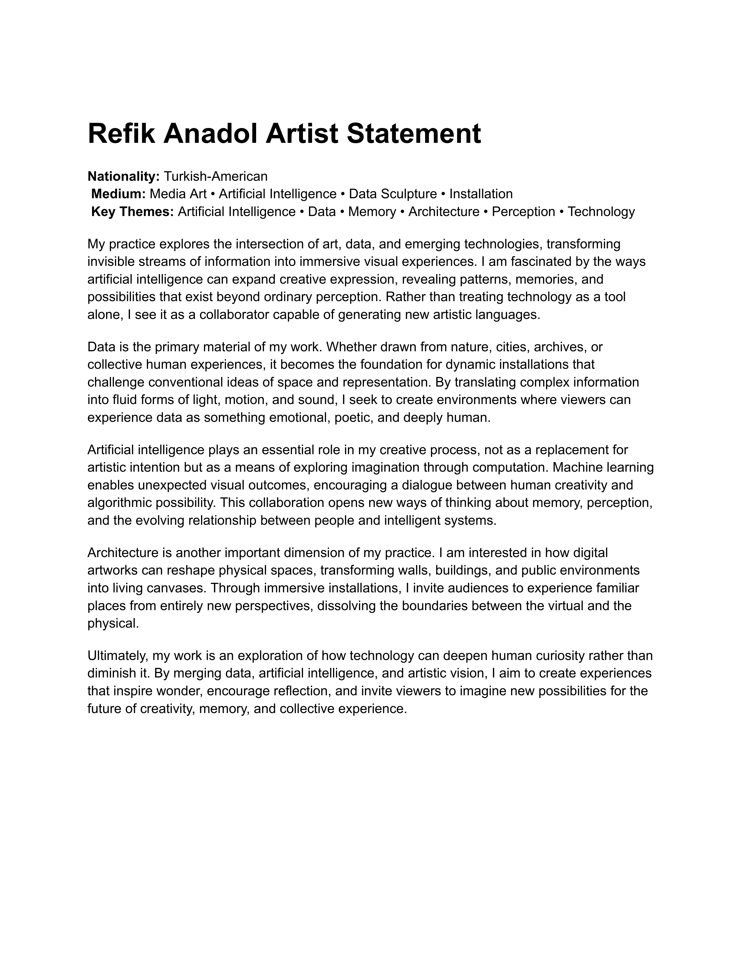 Refik Anadol Artist Statement — page 1
