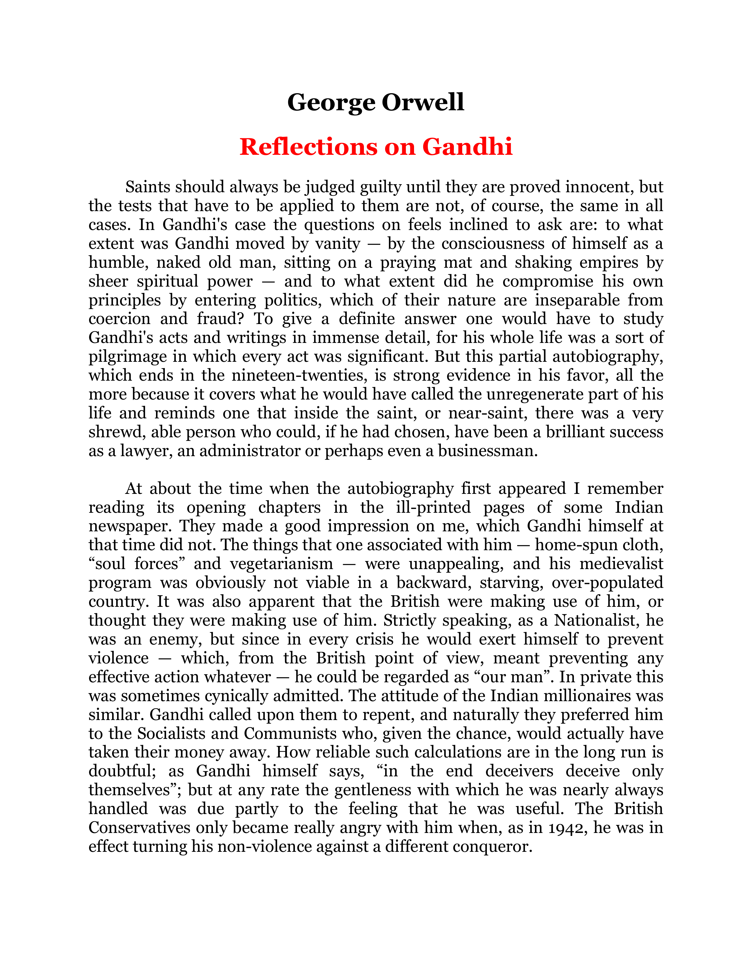 Reflections on Gandhi Essay — page 1