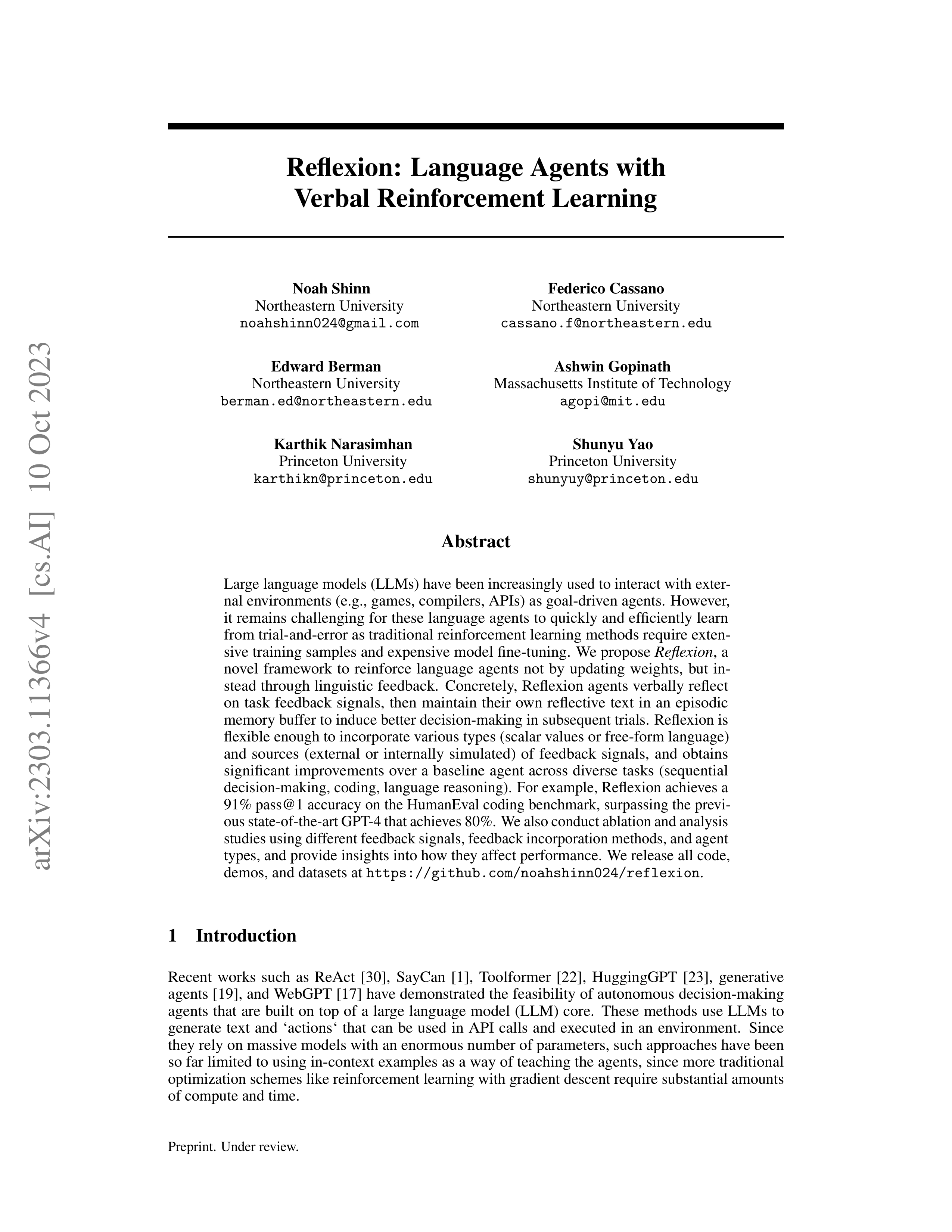 Reflexion AI Agent for Self Improving Reasoning — page 1