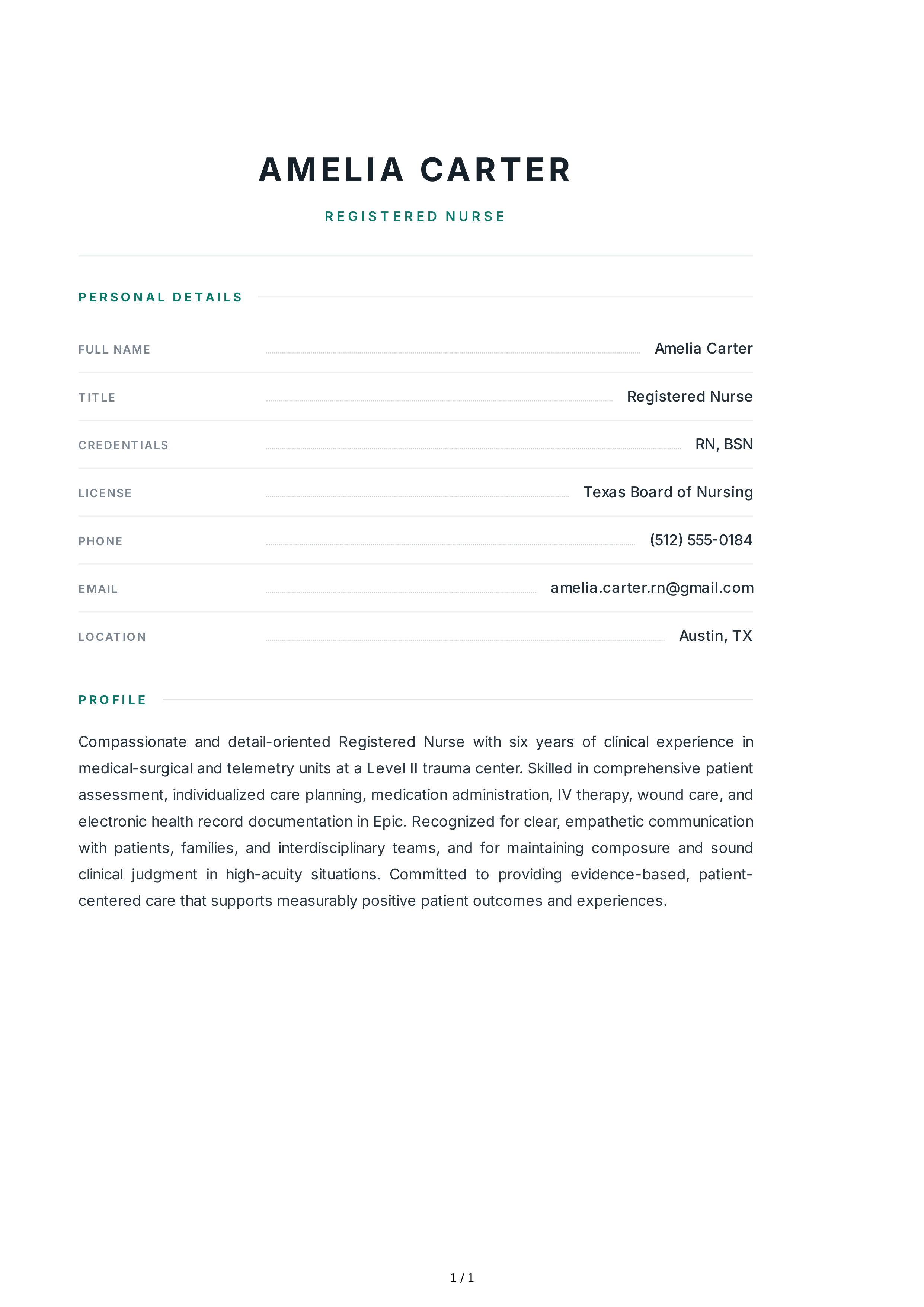 Registered Nurse Resume Profile — page 1