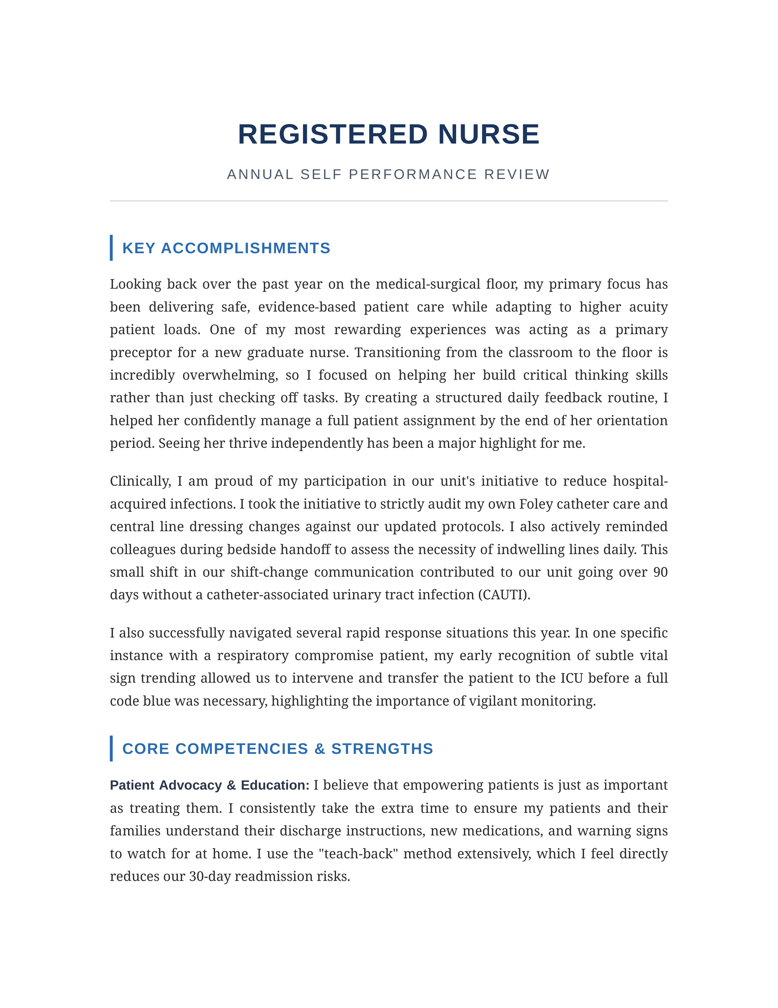 Registered Nurse Self Performance Review — page 1