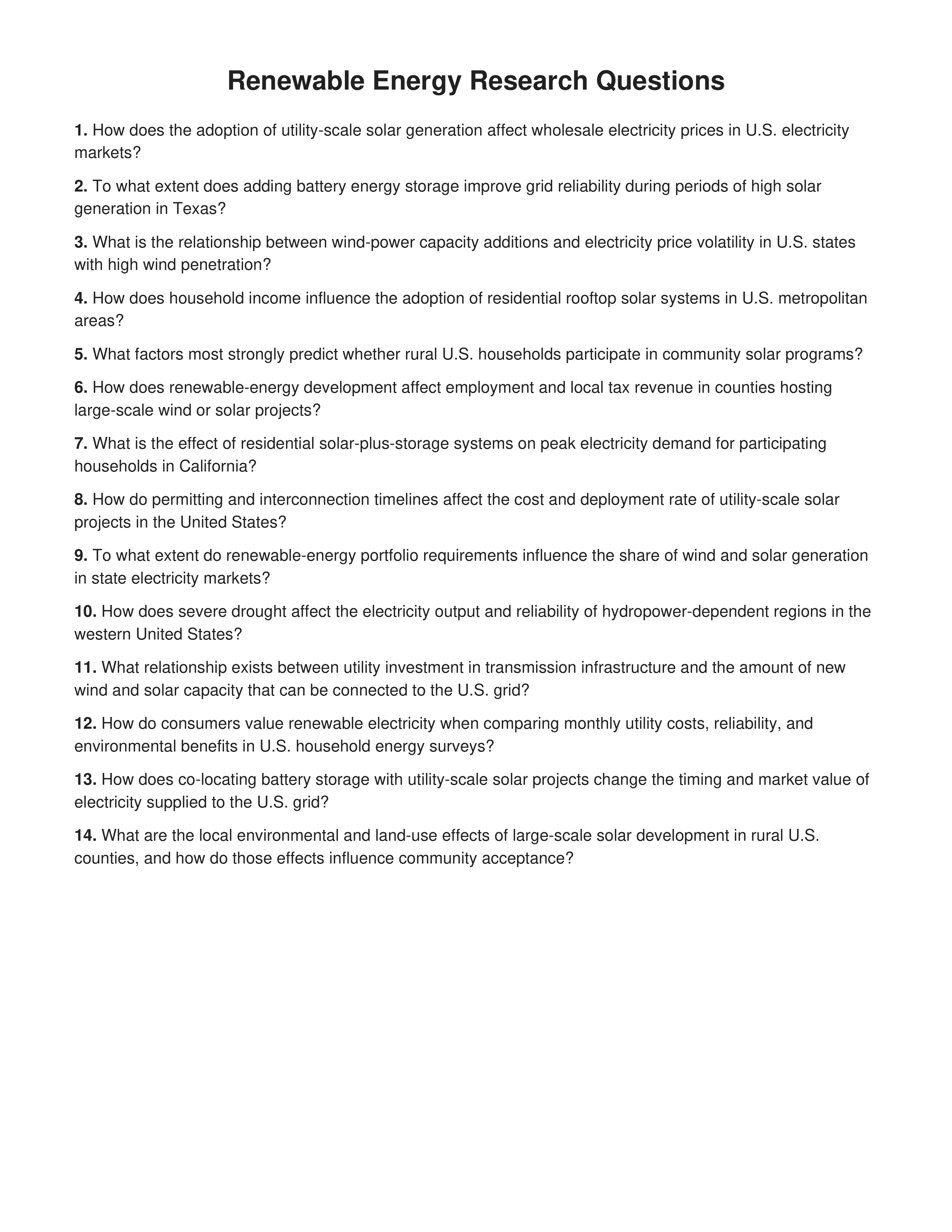 Renewable Energy Research Questions — page 1