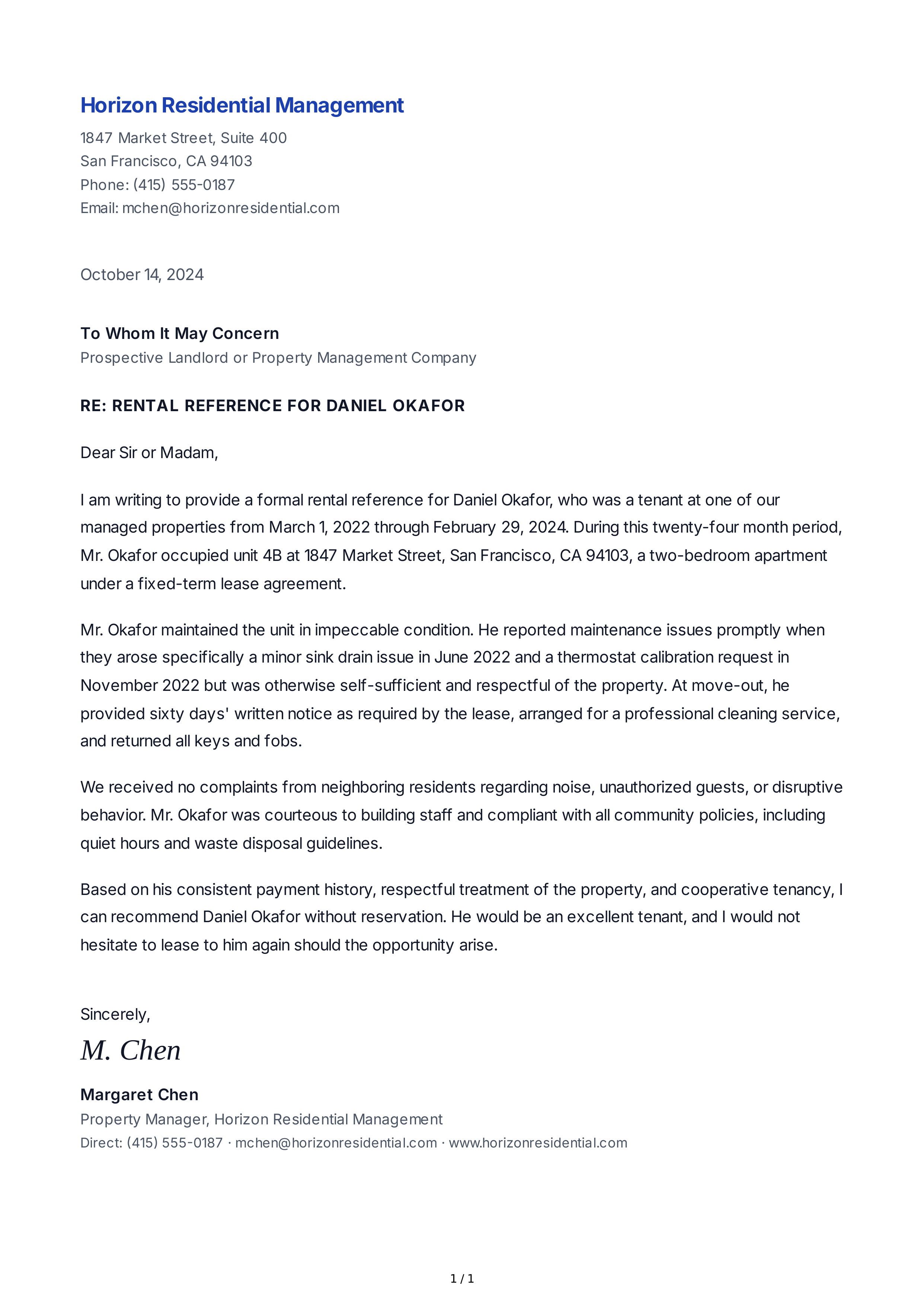 Rental Reference Letter — page 1