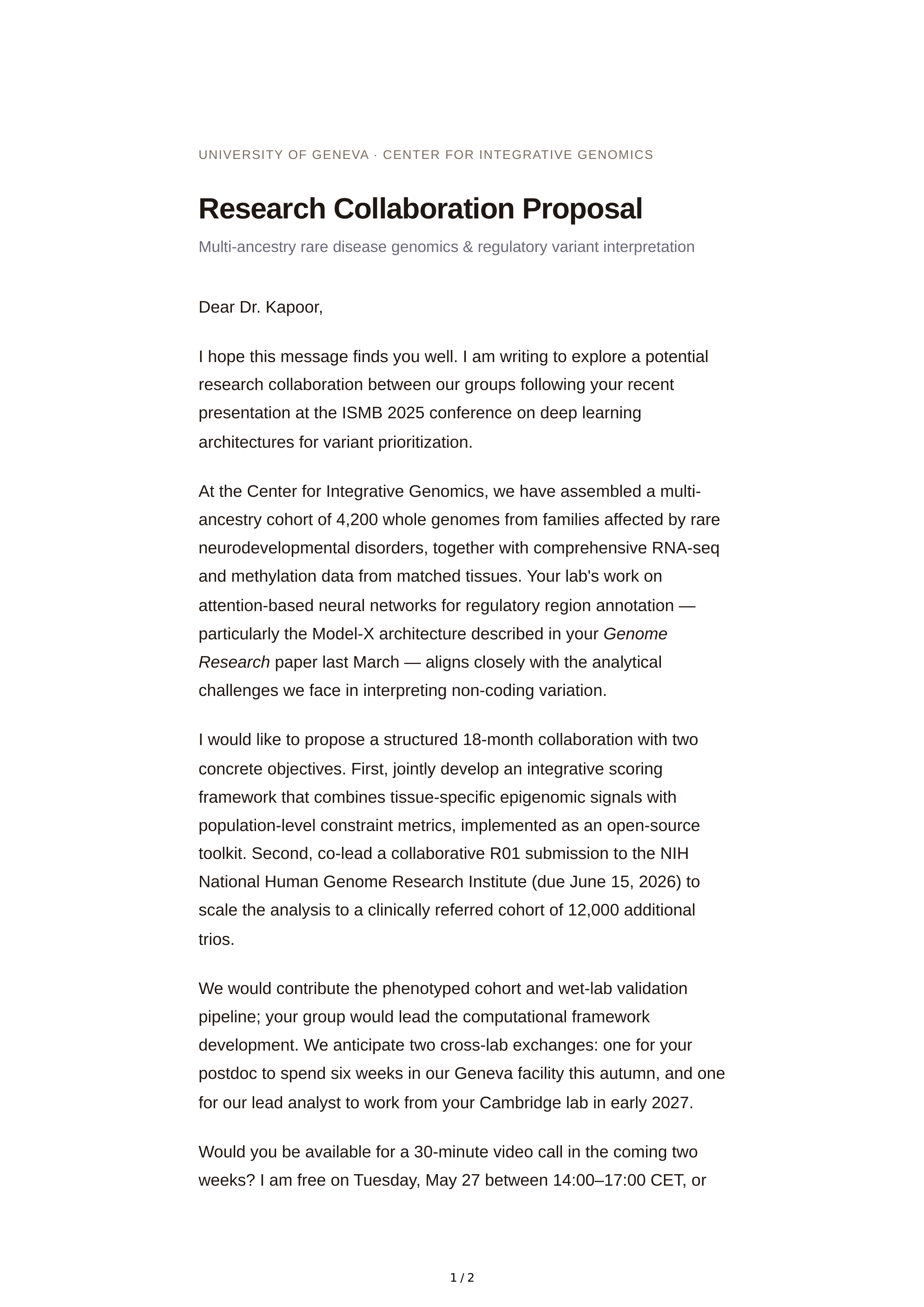 Research Collaboration Email — page 1