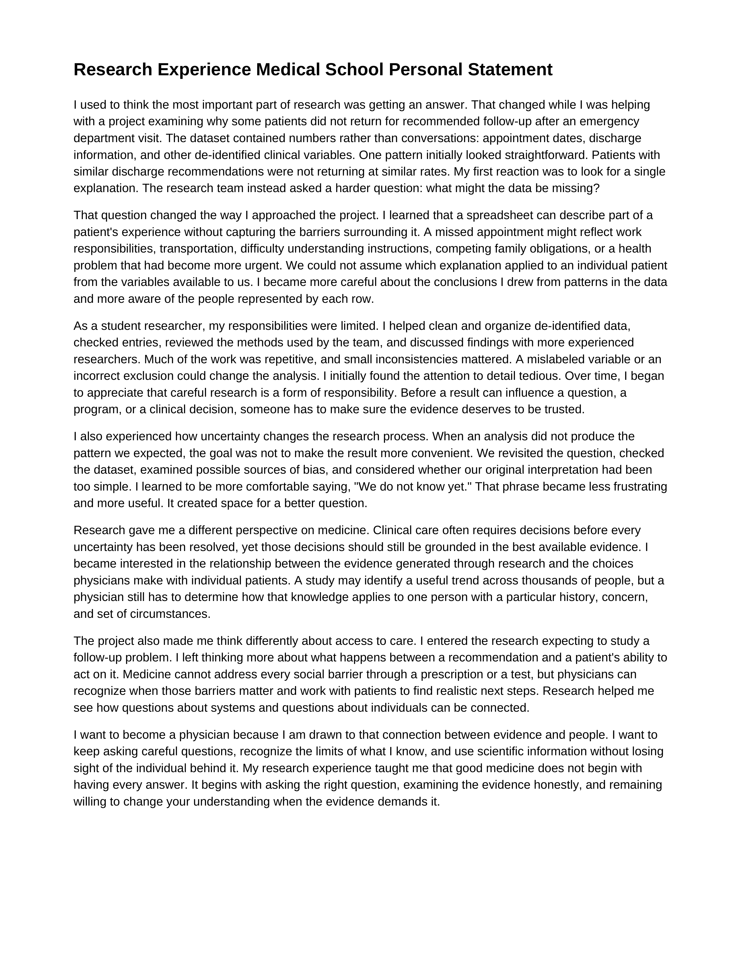 Research Experience Medical School Personal Statement — page 1