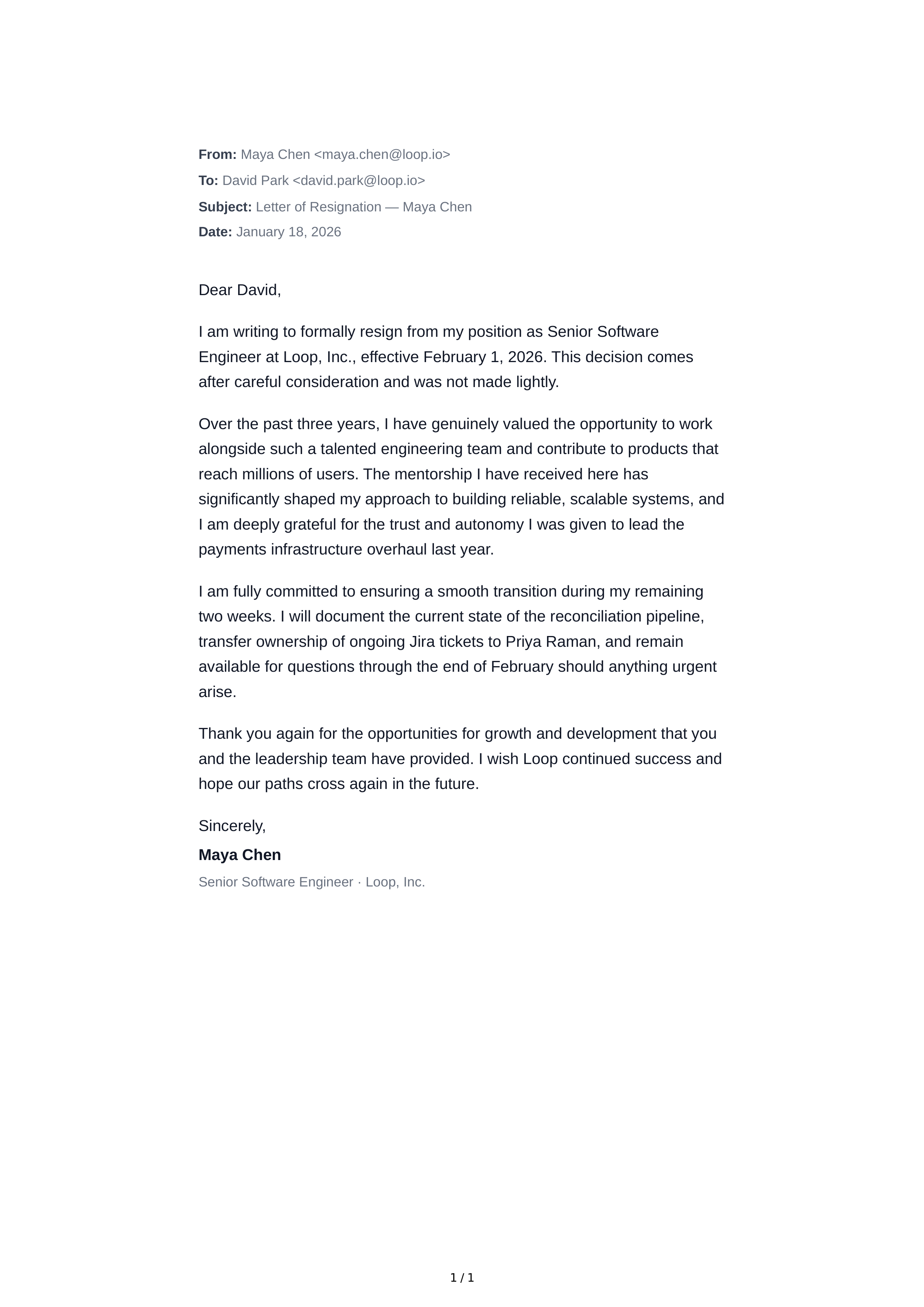 Resignation Email — page 1