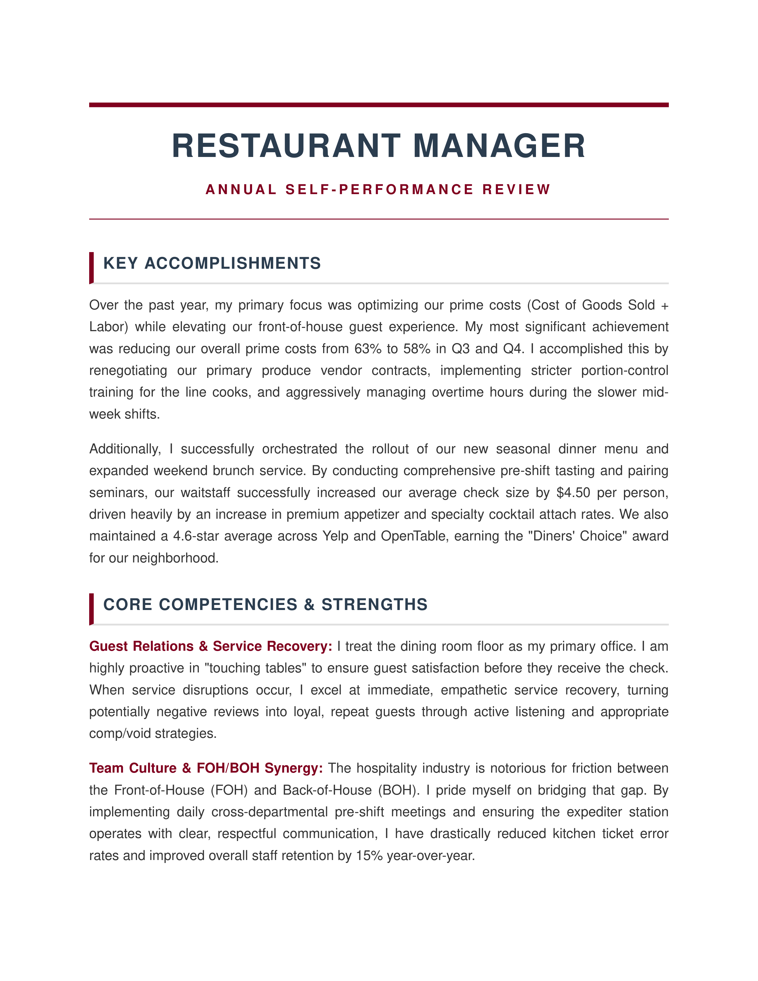Restaurant Manager Self Performance Review — page 1