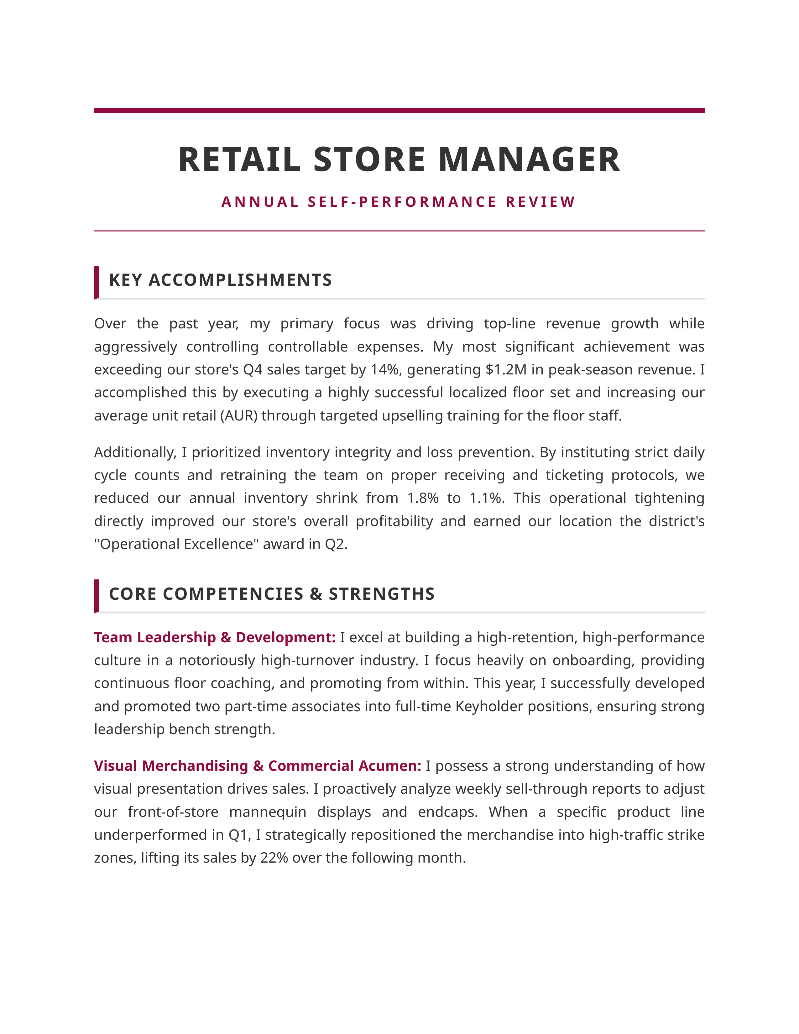 Retail Manager Self Performance Review — page 1