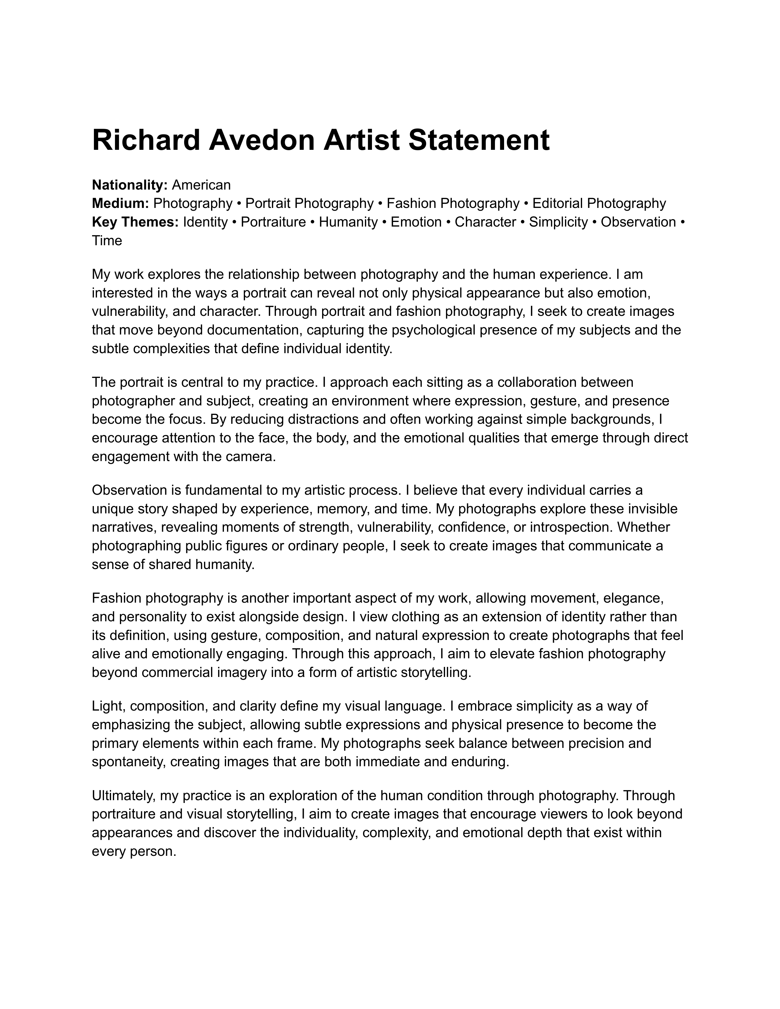 Richard Avedon Artist Statement — page 1