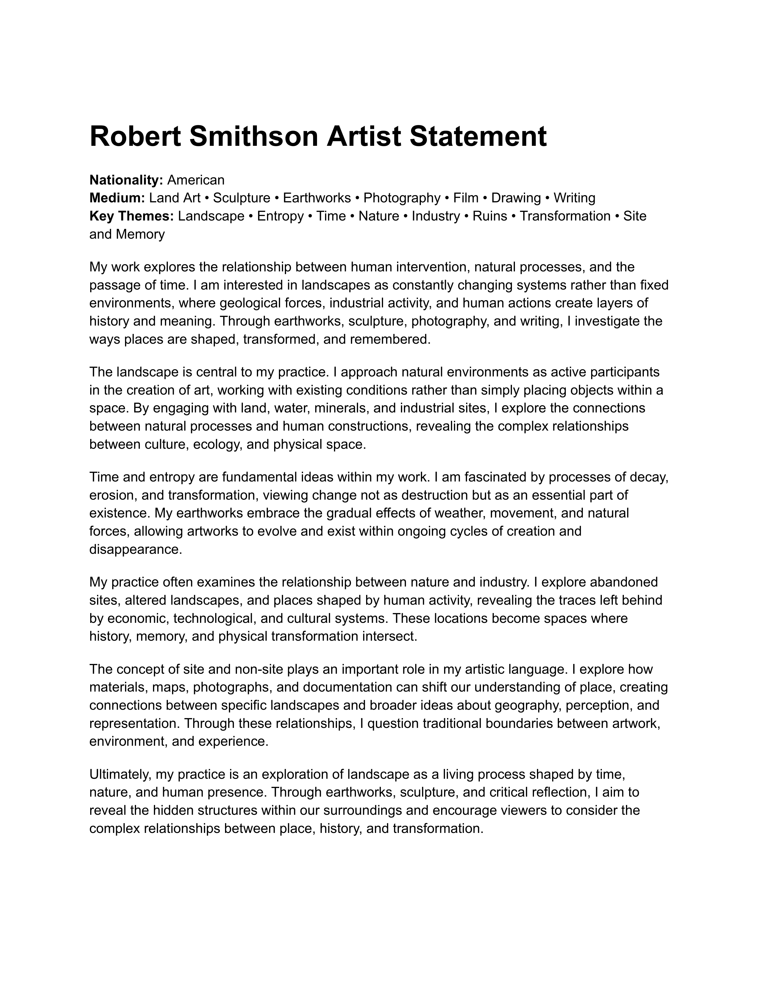 Robert Smithson Artist Statement — page 1
