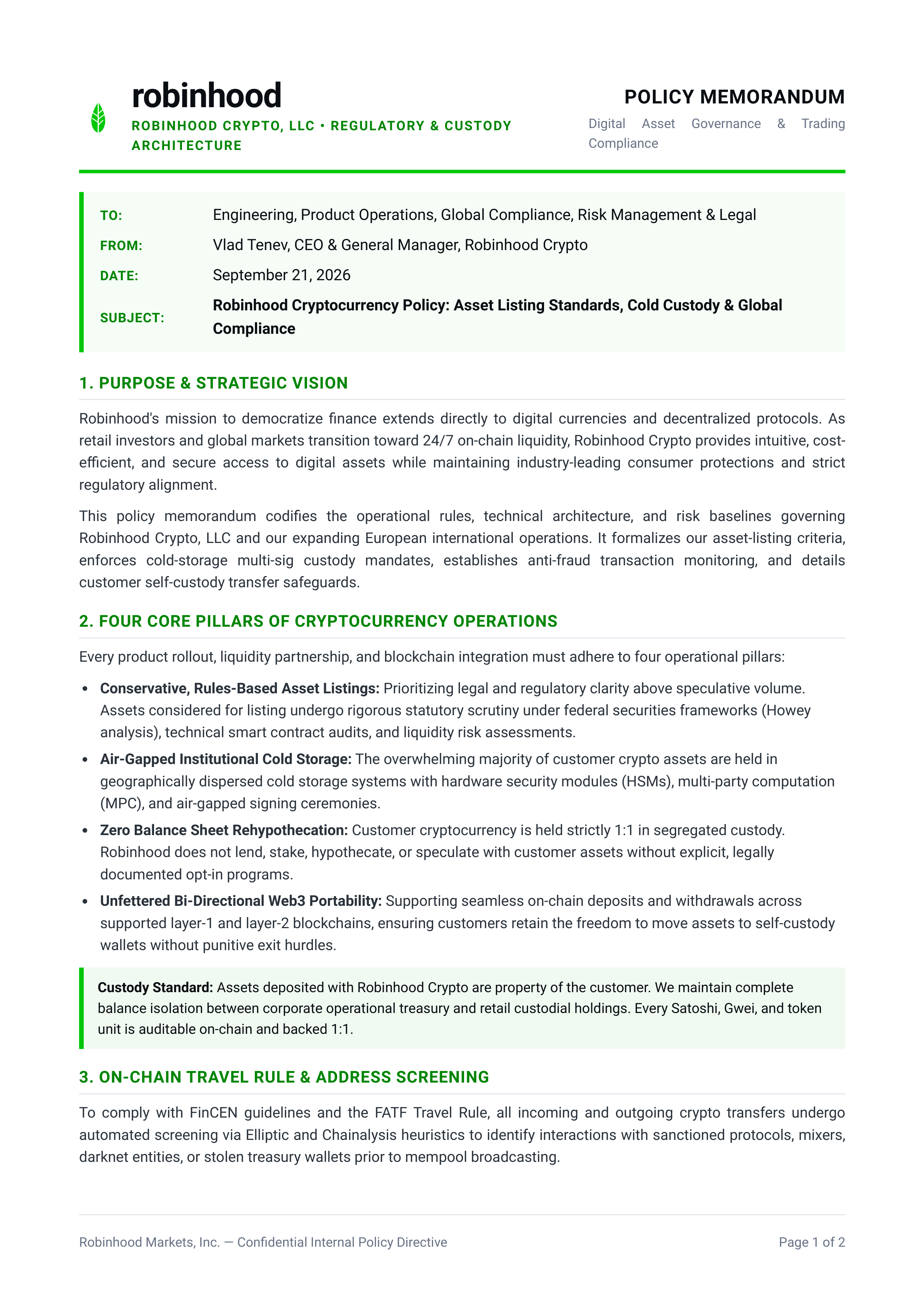 Robinhood Cryptocurrency Policy Memo — page 1