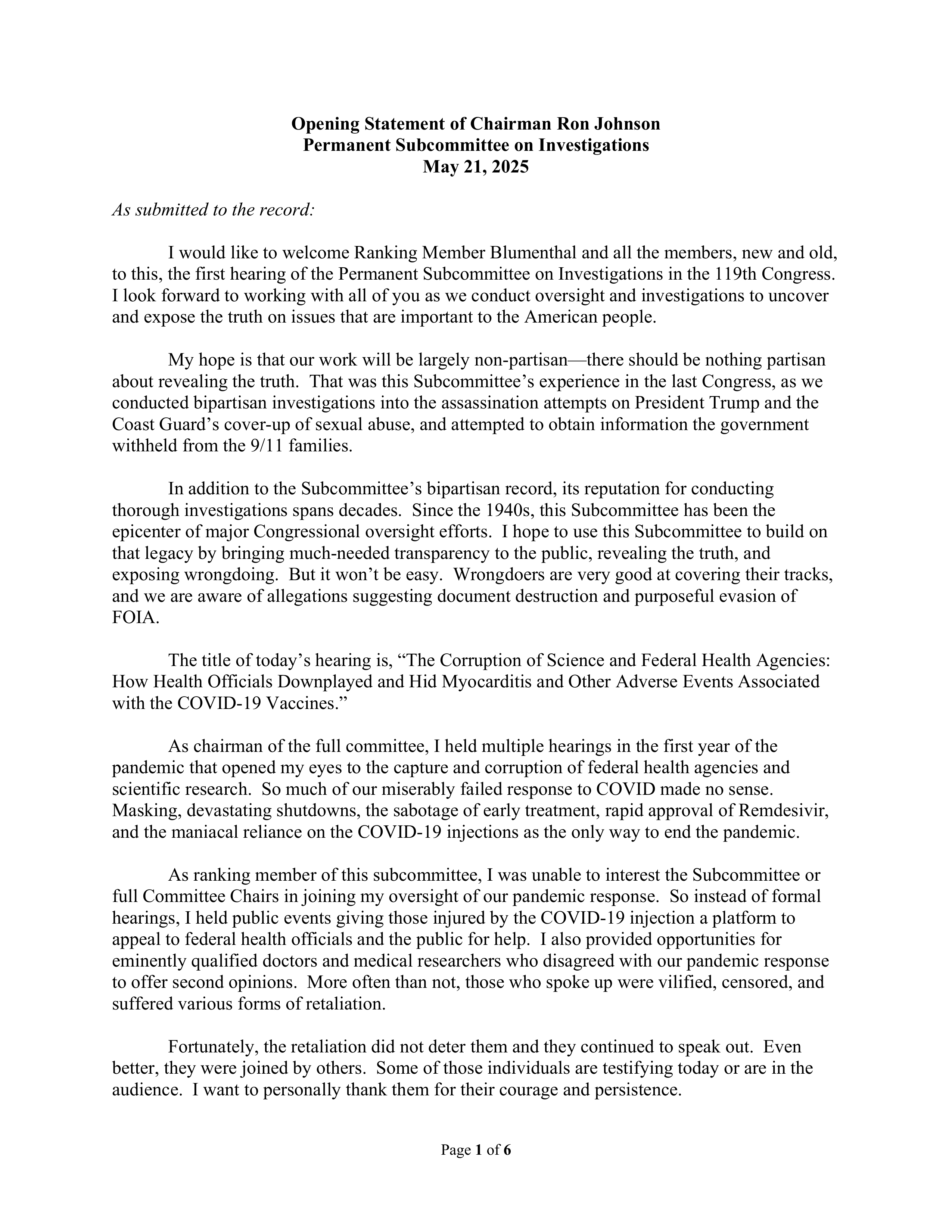 Ron Johnson Opening Statement — page 1
