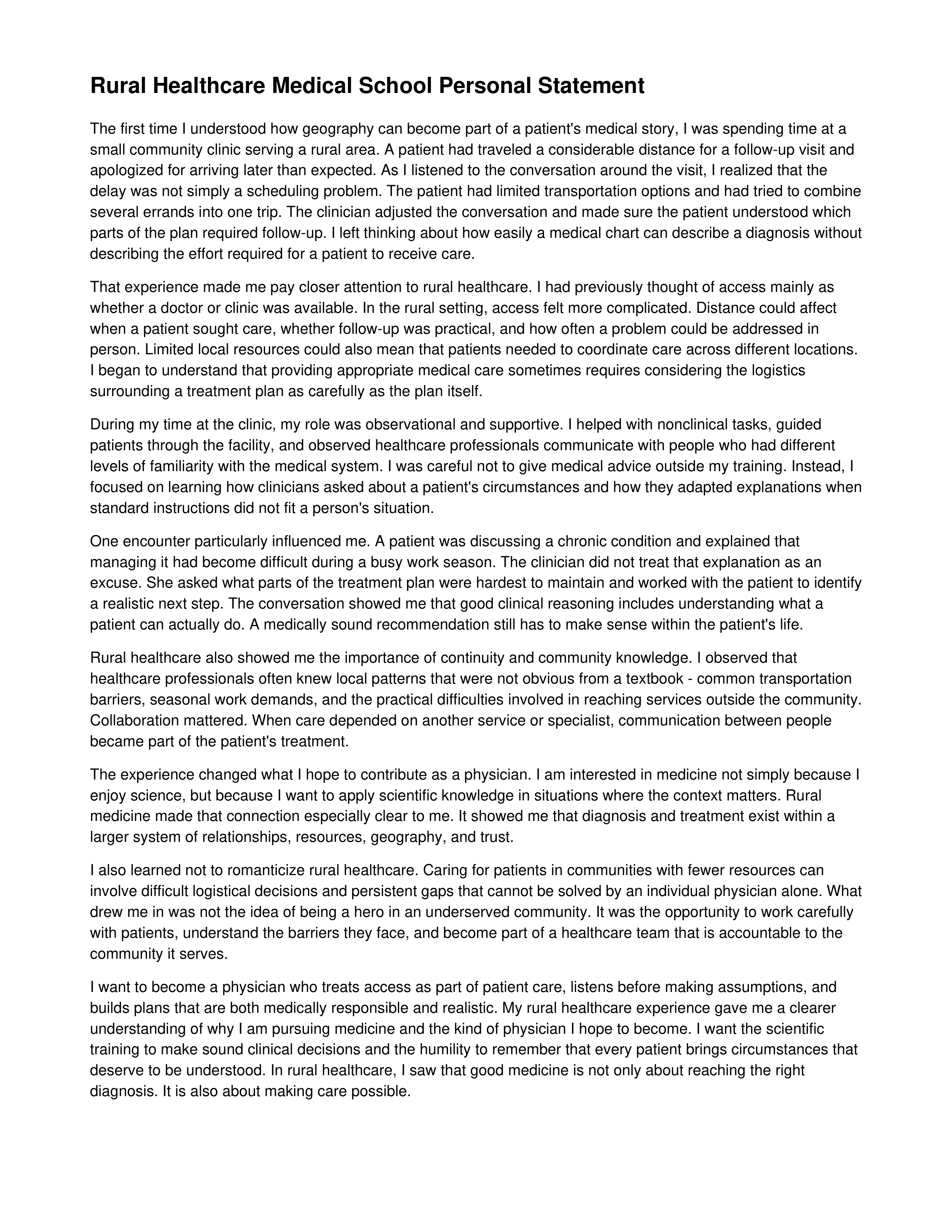 Rural Healthcare Medical School Personal Statement — page 1